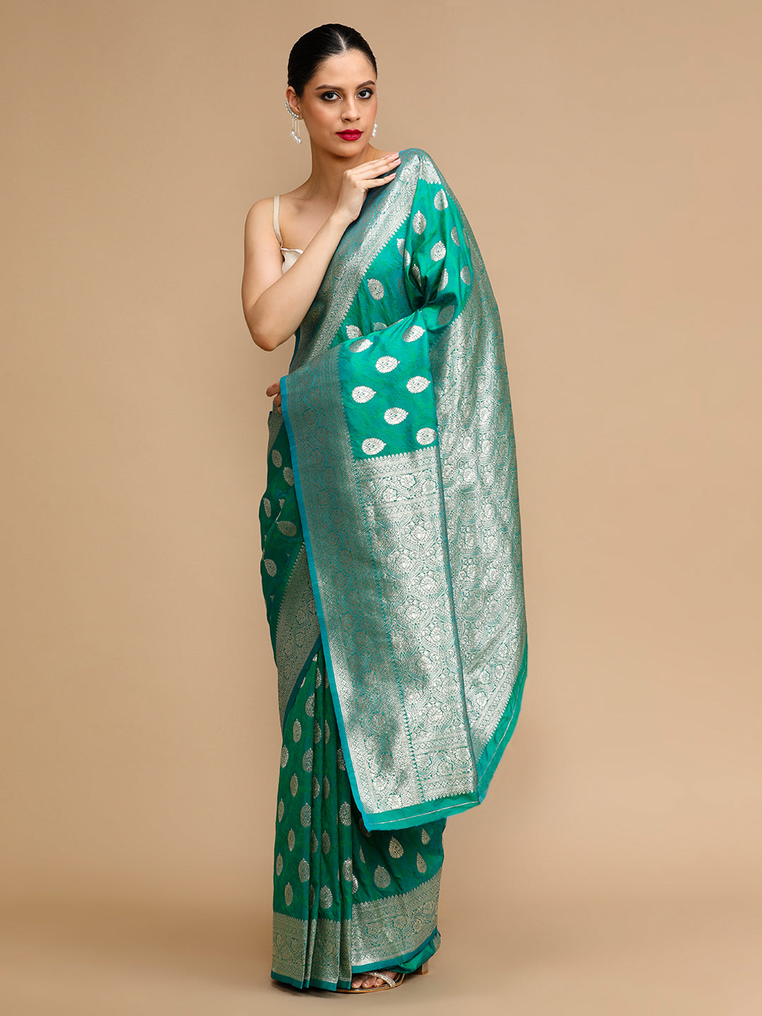 Buy MySilkLove Teal Green Woven Jacquard Lichi Silk Saree Online