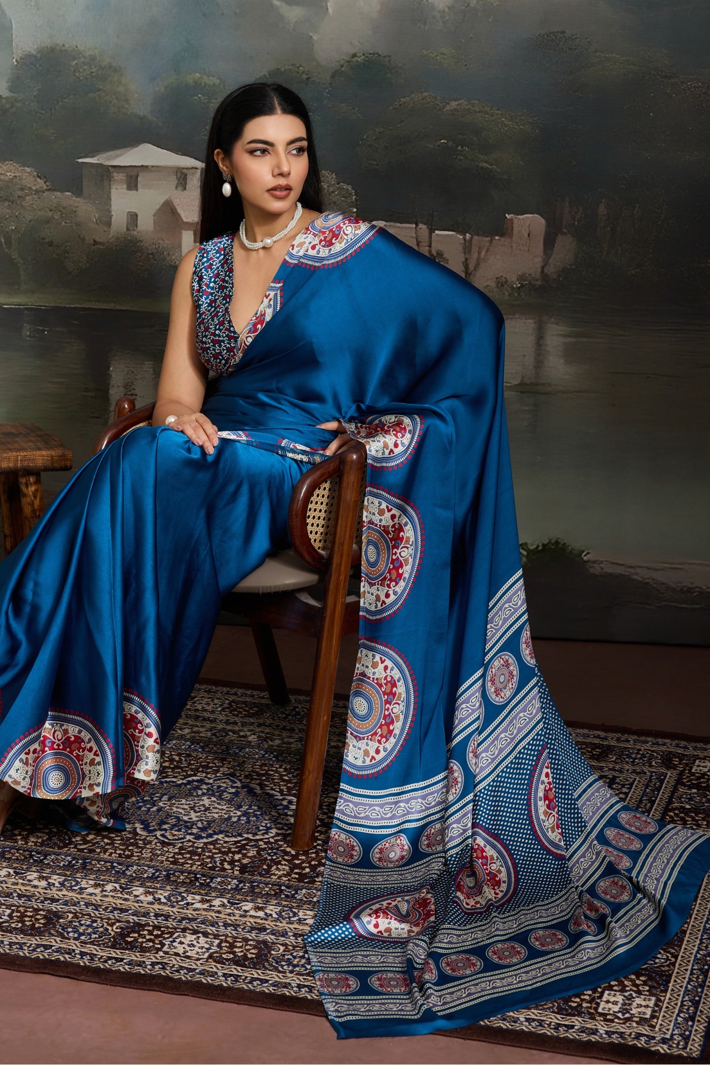 Buy MySilkLove French Blue Modal Ajrakh Printed Silk Saree Online