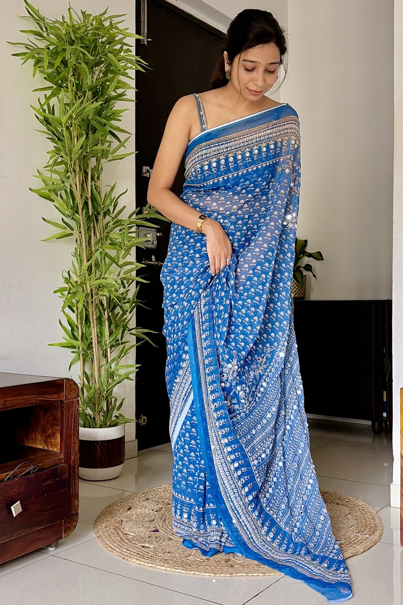 Buy MySilkLove Calypso Blue Ajrakh Georgette Printed Mirror Work Saree Online