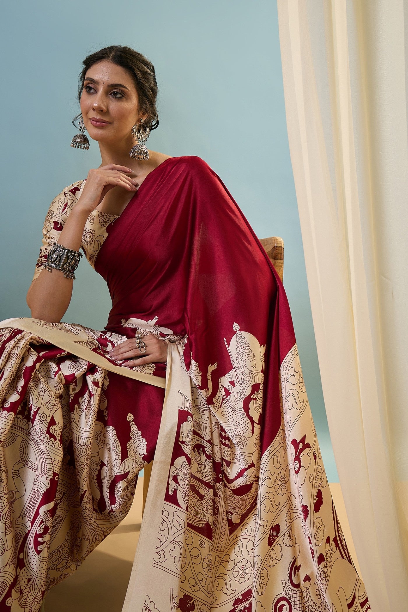 Buy MySilkLove Berry Red Ajrakh Printed Satin Crepe Silk Saree Online