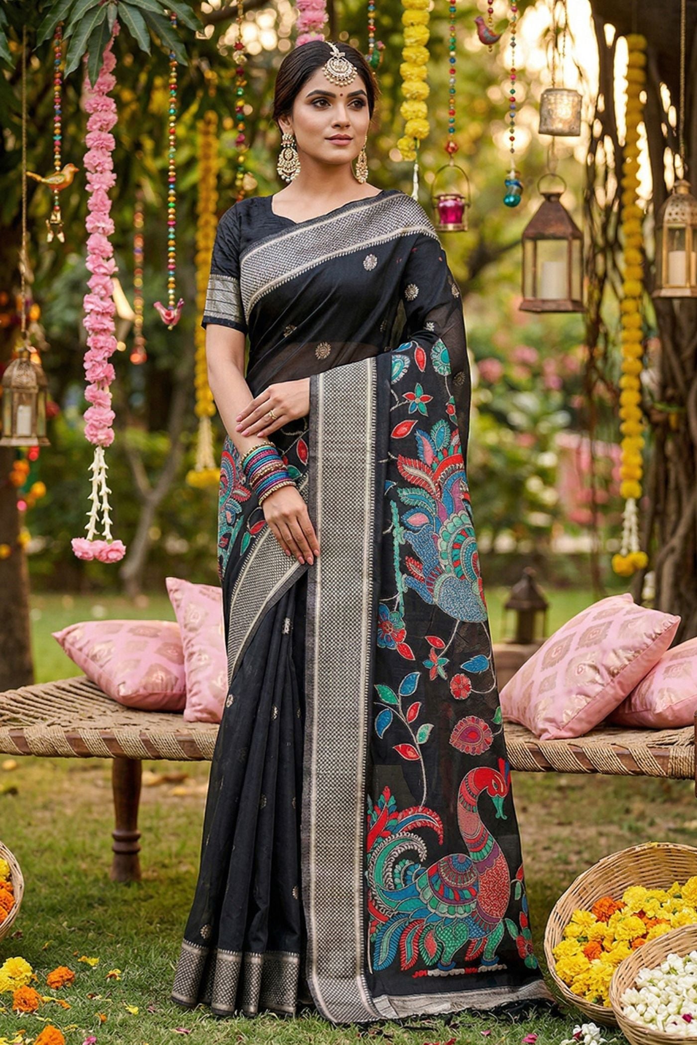 Buy MySilkLove Jet Black Woven Linen Cotton Saree Online