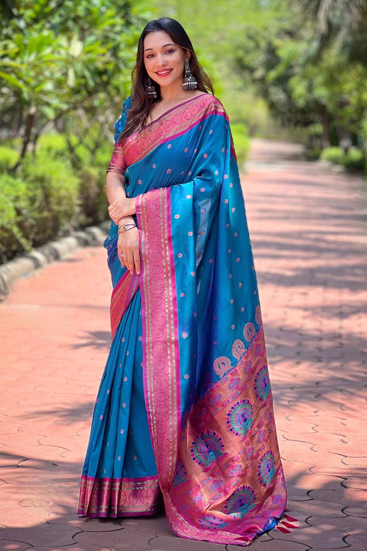 Designer Blue Paithani Silk Saree for Wedding, Traditional Paithani Sarees for Women, Beautiful Red 2024 Color Bridal Sari, Fancy Pink Saree