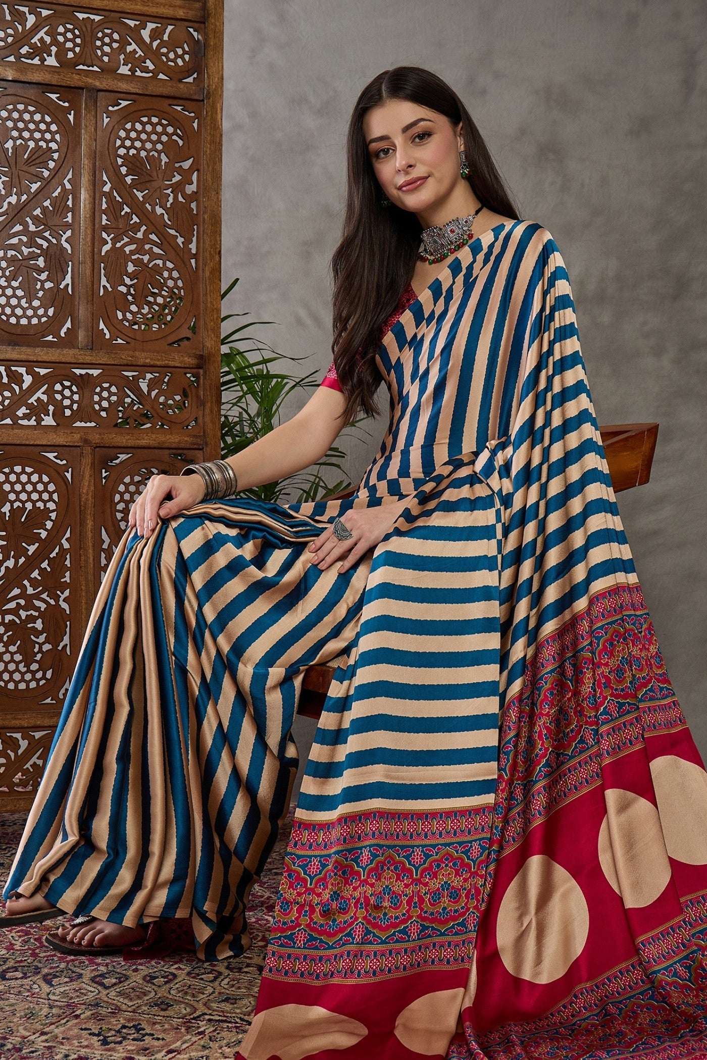 Buy MySilkLove Tuft Blue Stripe Ajrakh Printed Satin Gaji Silk Saree Online