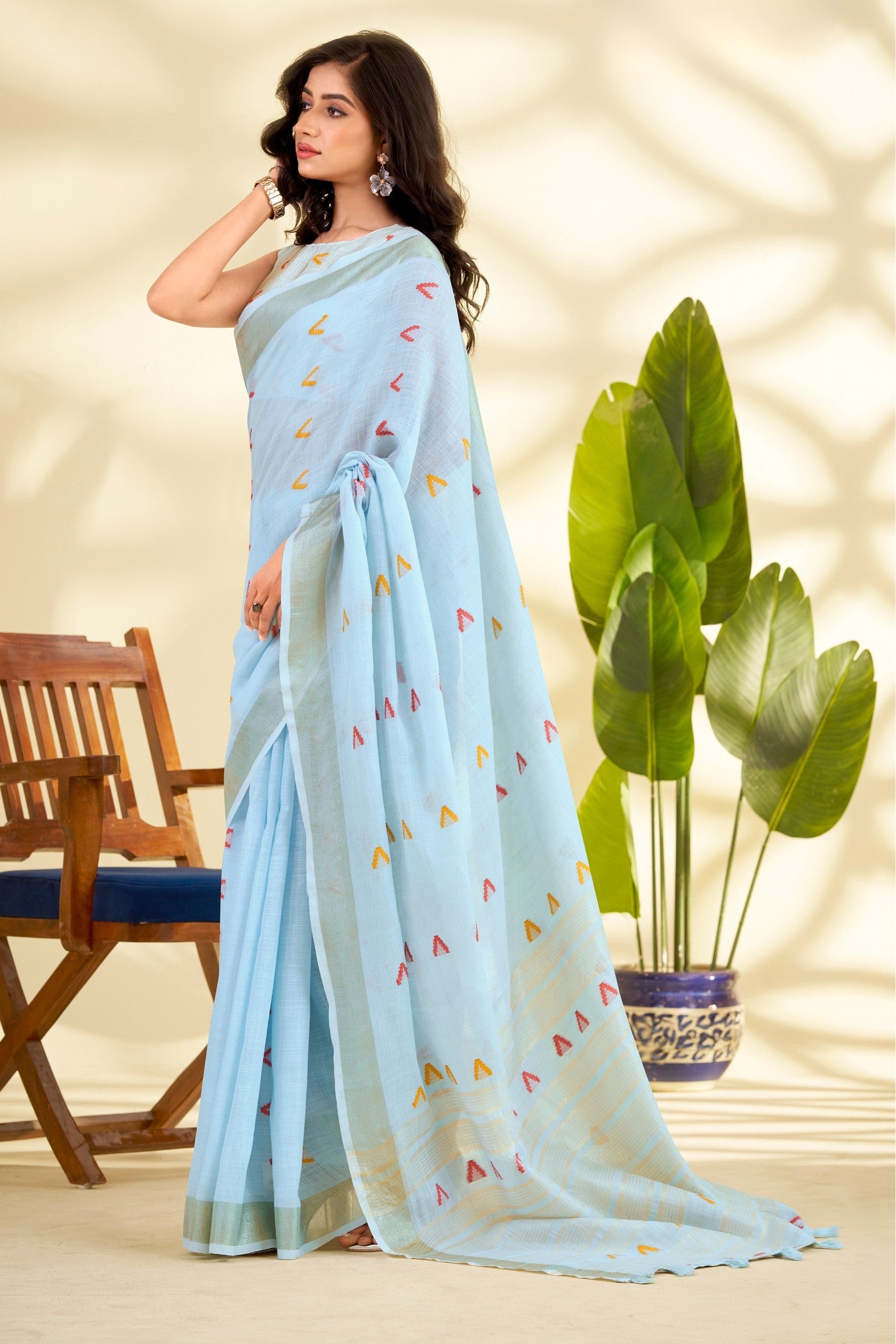 Buy MySilkLove Moroccan Blue Woven Linen Saree Online