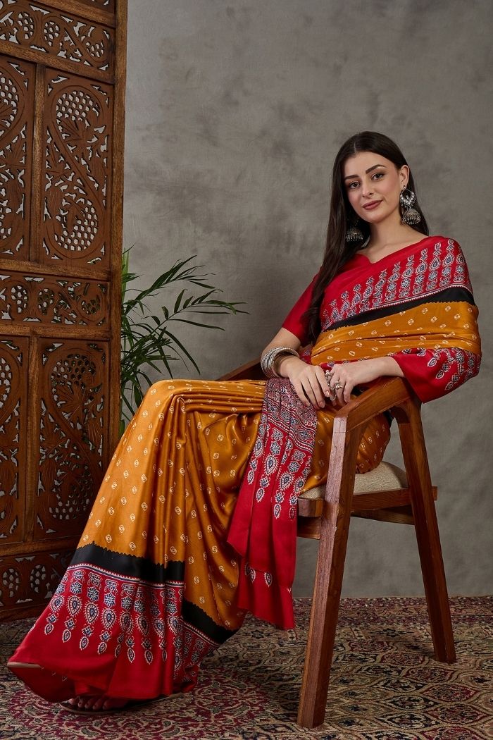 Buy MySilkLove Sunset Yellow and Red Ajrakh Printed Satin Gaji Silk Saree Online