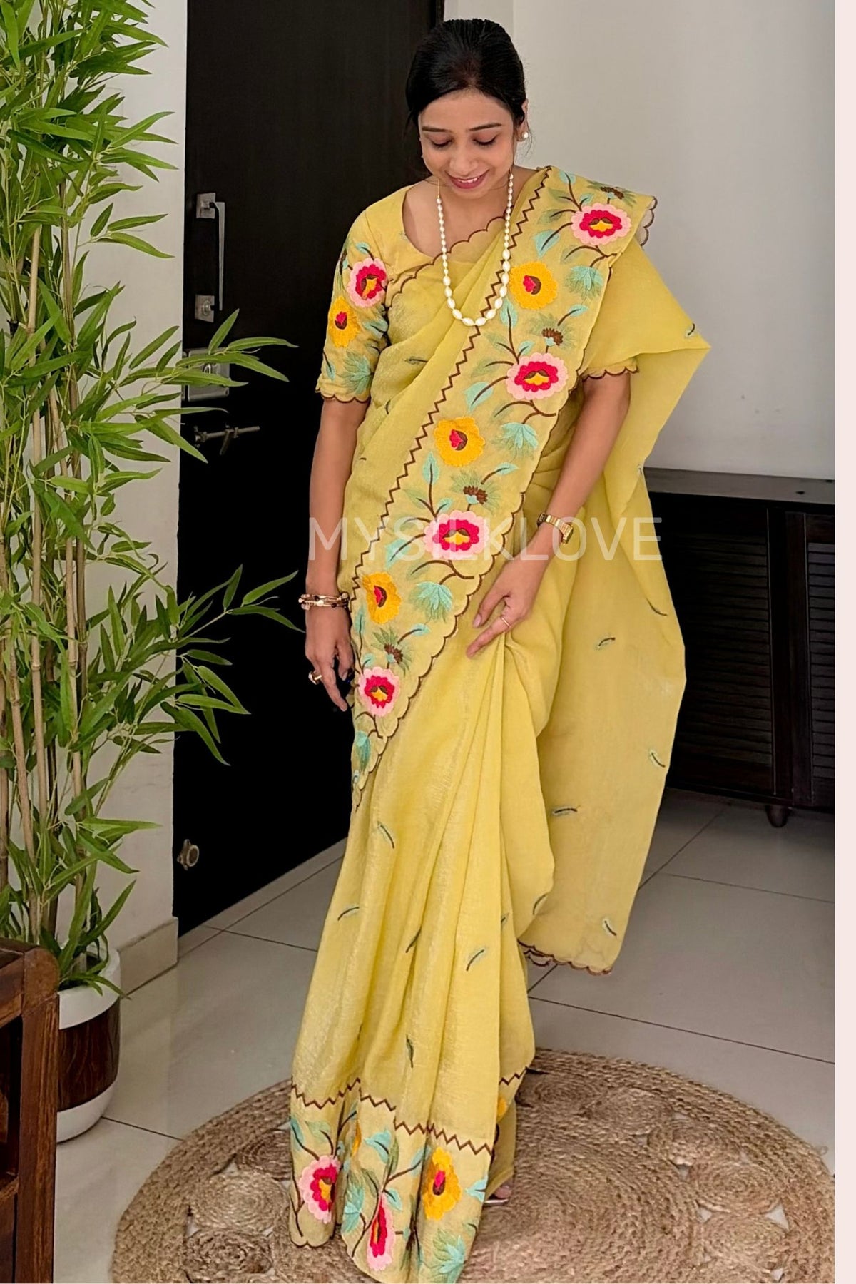 Buy MySilkLove Cornsilk Yellow Floral Embroidery Crunchy Chiffon Saree Online