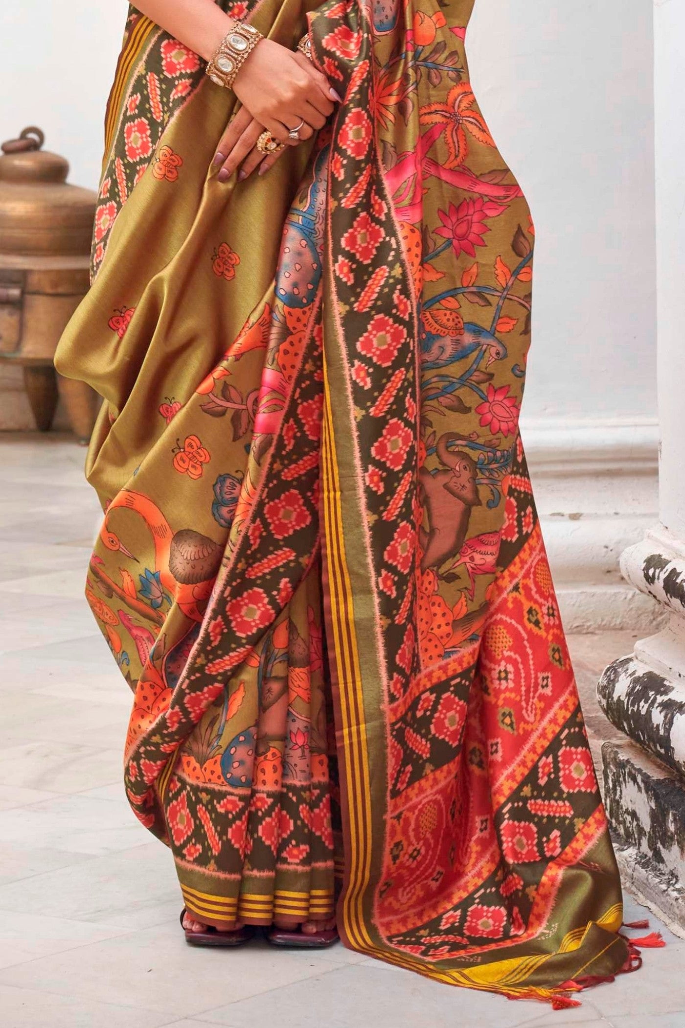 Buy MySilkLove Olive Green Printed Patola Saree Online