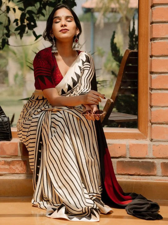 Buy MySilkLove Pearl White and Black Ajrakh Printed Satin Crepe Silk Saree Online