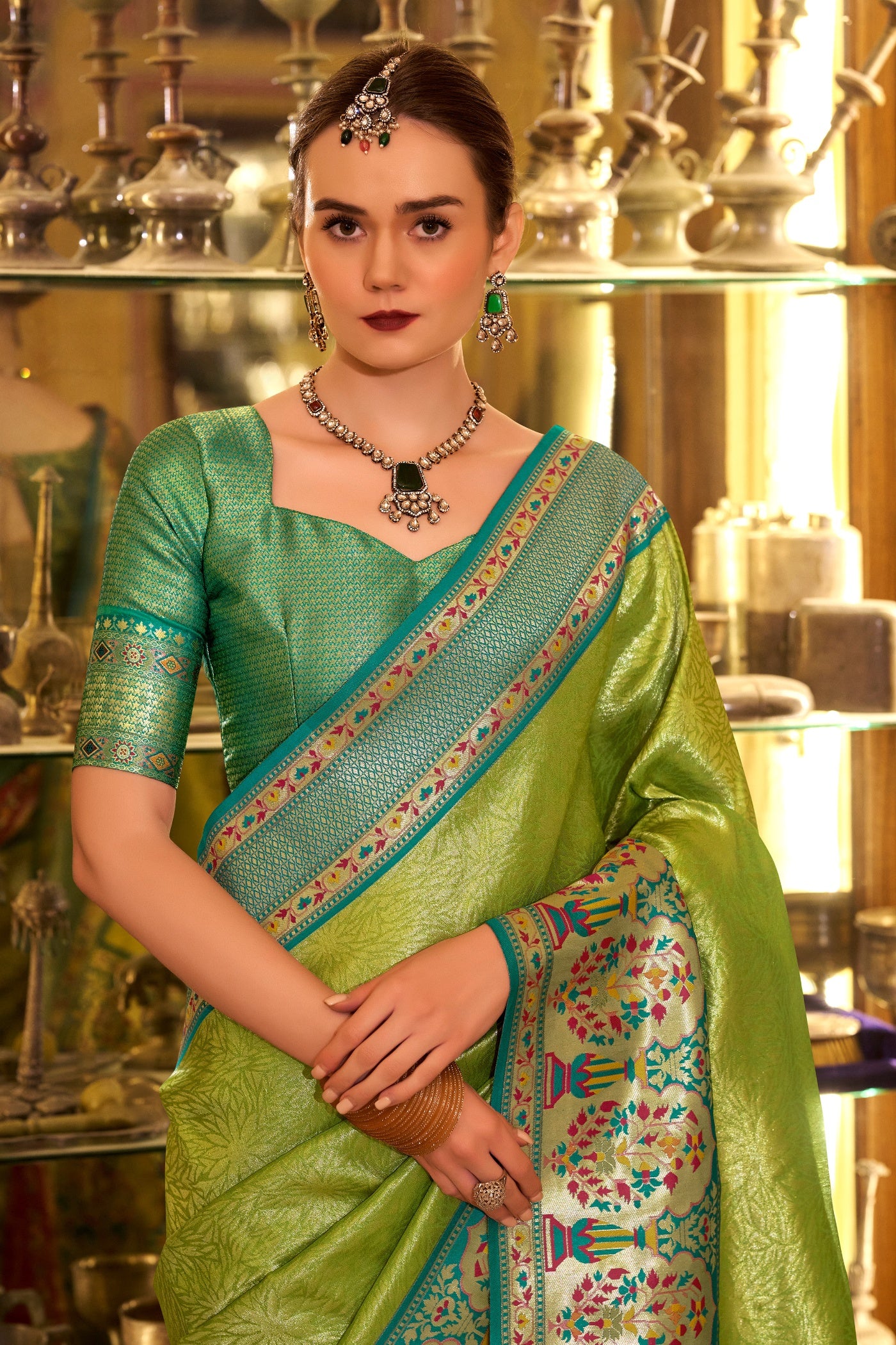 Buy MySilkLove Fern Green Woven Tissue Silk Saree Online