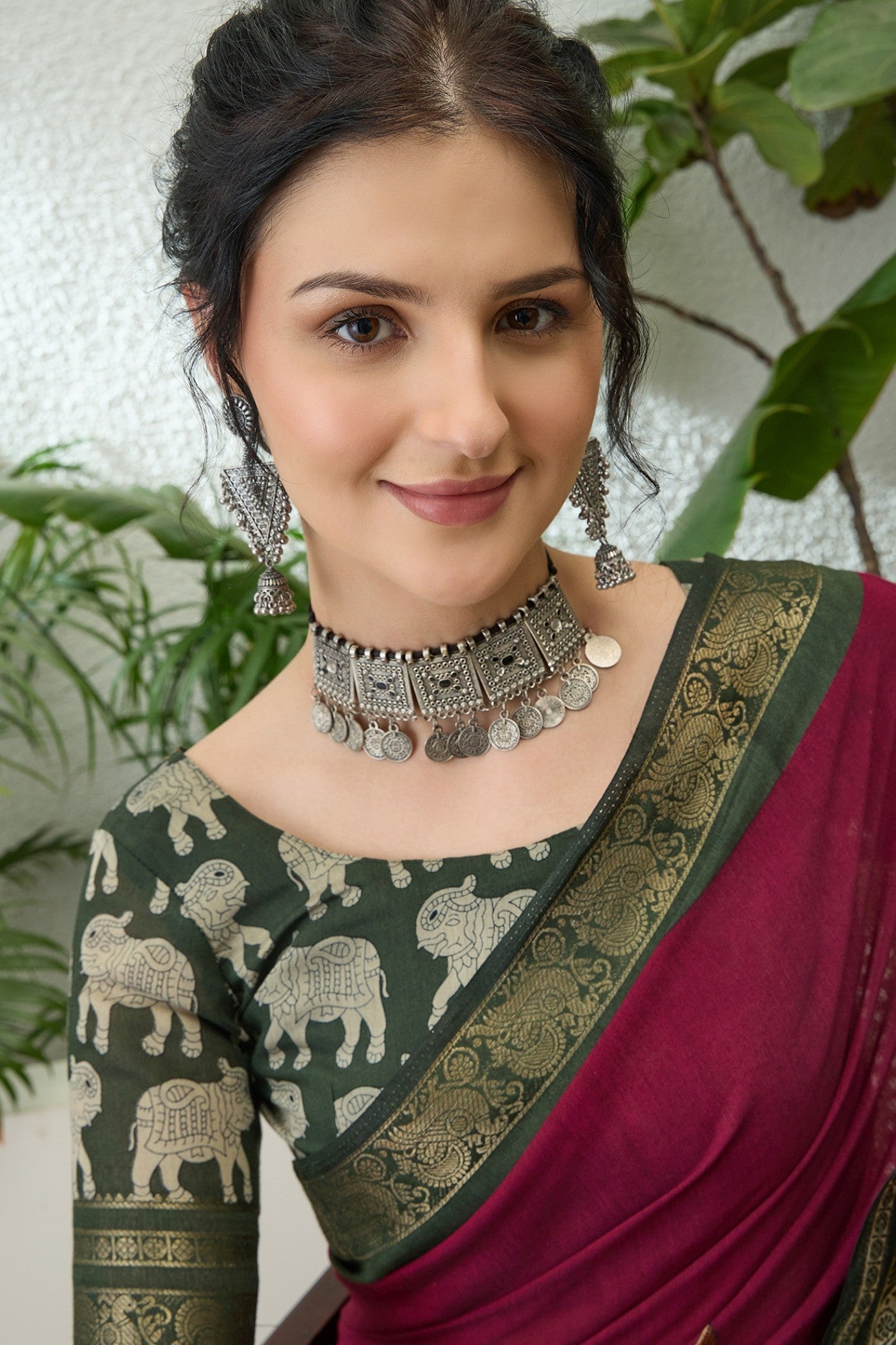 Buy MySilkLove Dark Tan Maroon Printed Cotton Saree Online