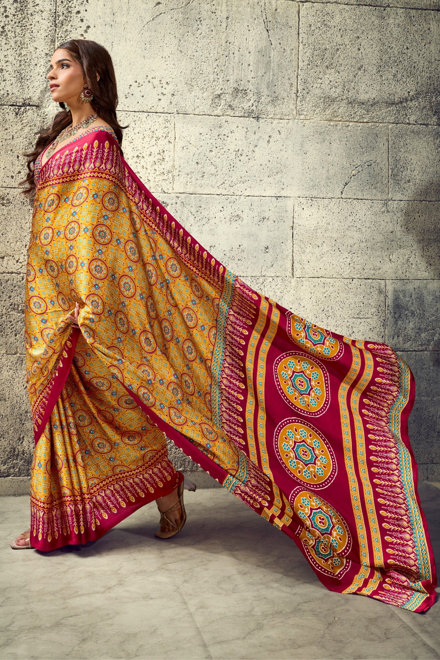 Buy MySilkLove Canary Yellow Modal Ajrakh Satin Printed Silk Saree Online