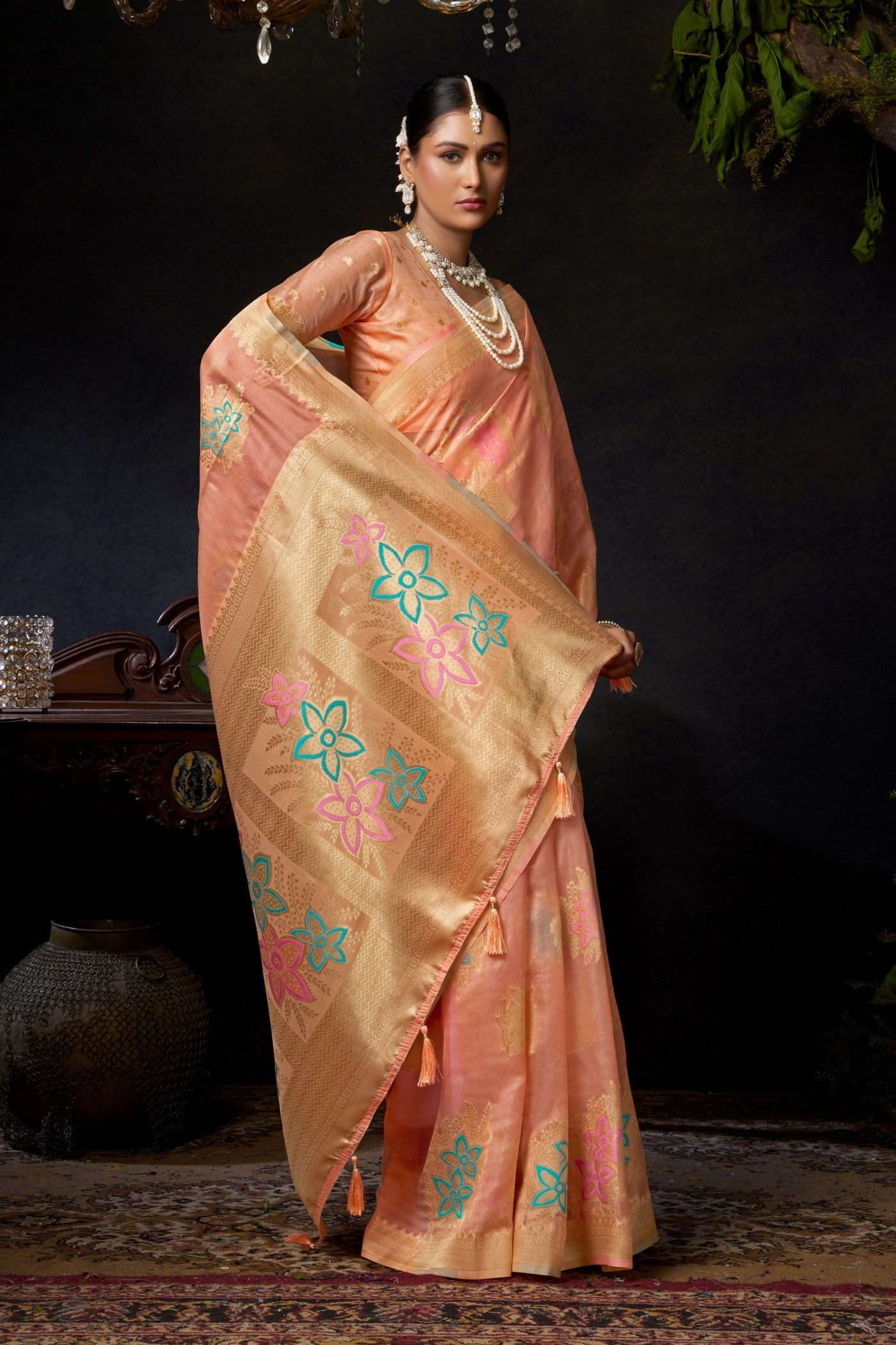 Buy MySilkLove Plum Peach Woven Banarasi Organza Saree Online
