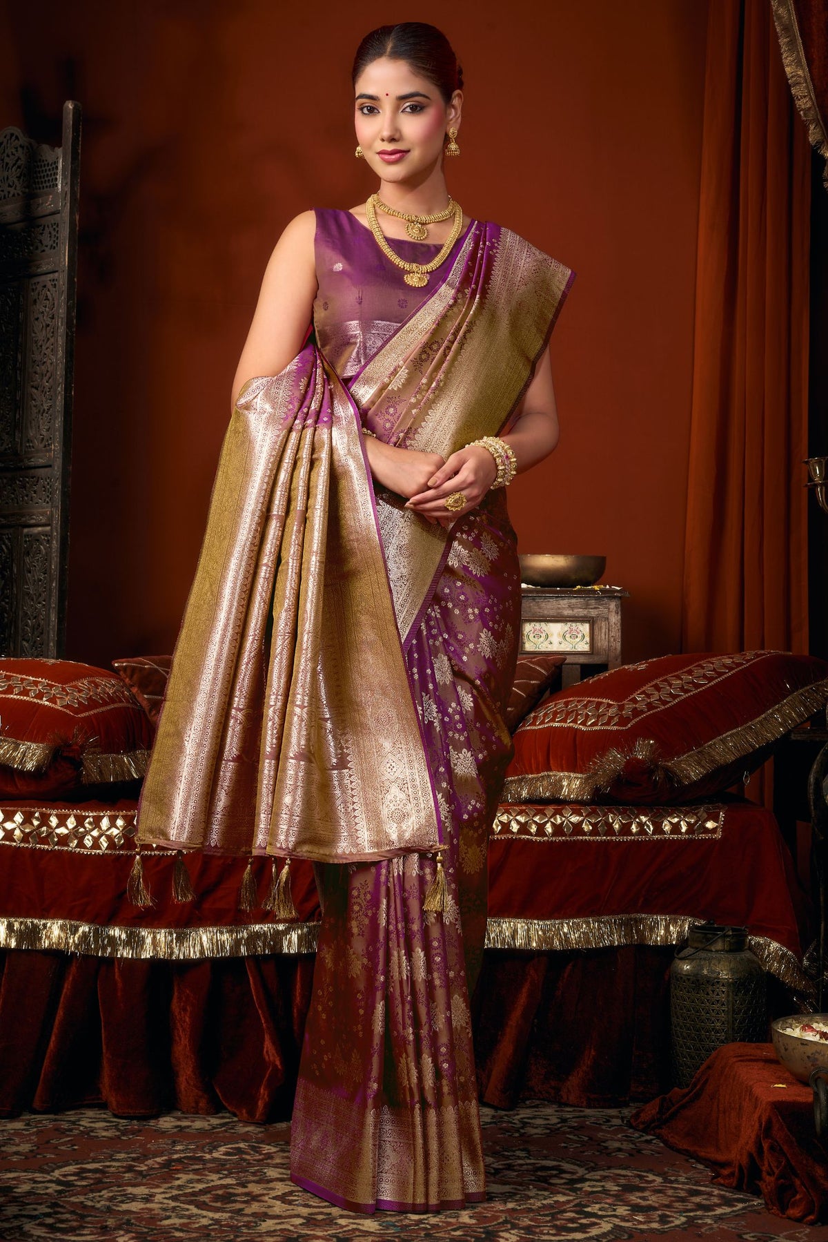 Buy MySilkLove Lipstick Purple Woven Banarasi Jacquard Soft Silk Saree Online