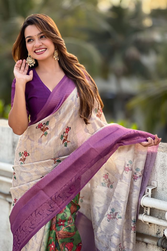 Buy MySilkLove Tumbleweed Cream and Purple Woven Cotton Saree Online
