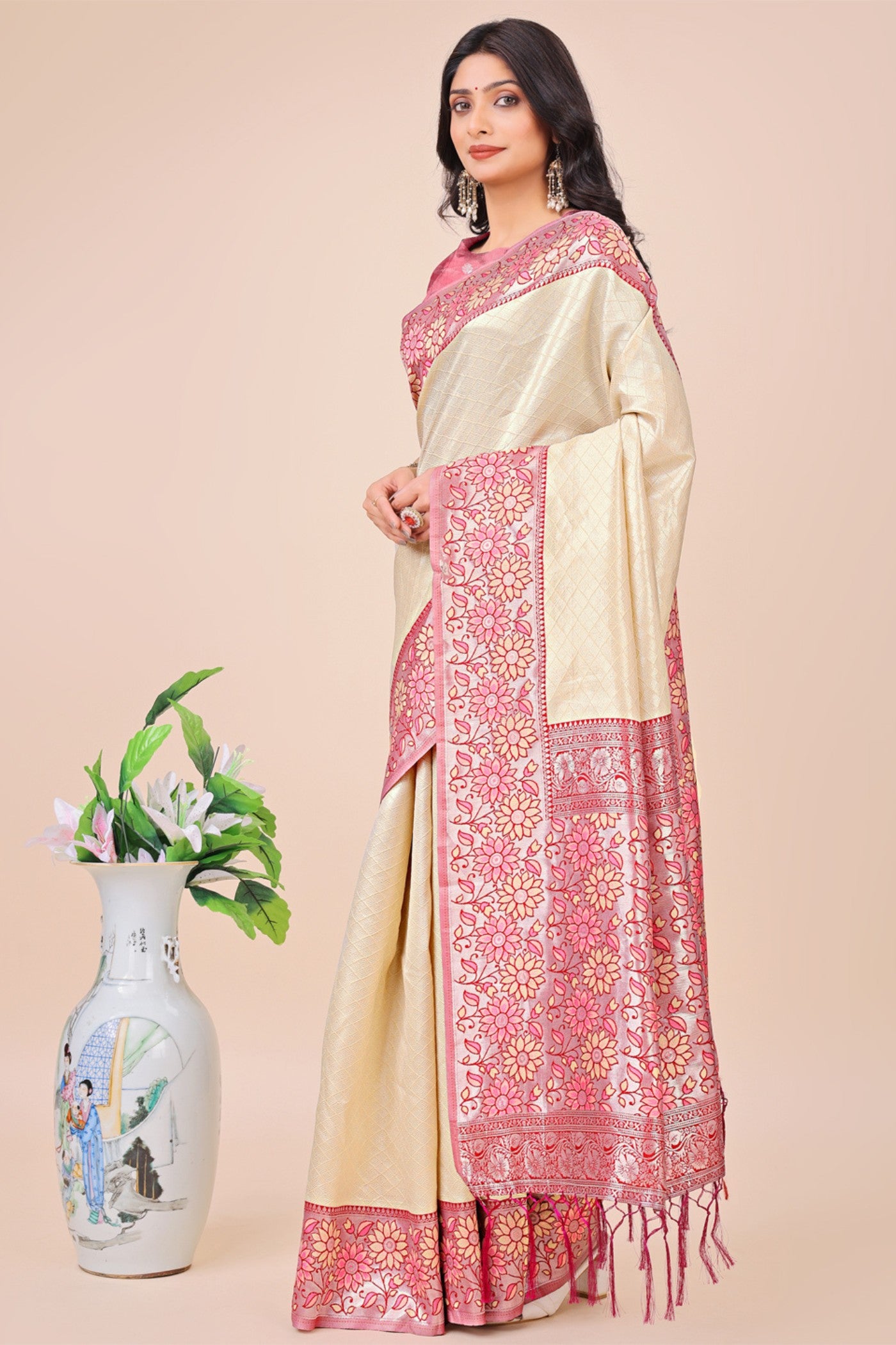 Buy MySilkLove Porcelain Cream Woven Banarasi Saree Online