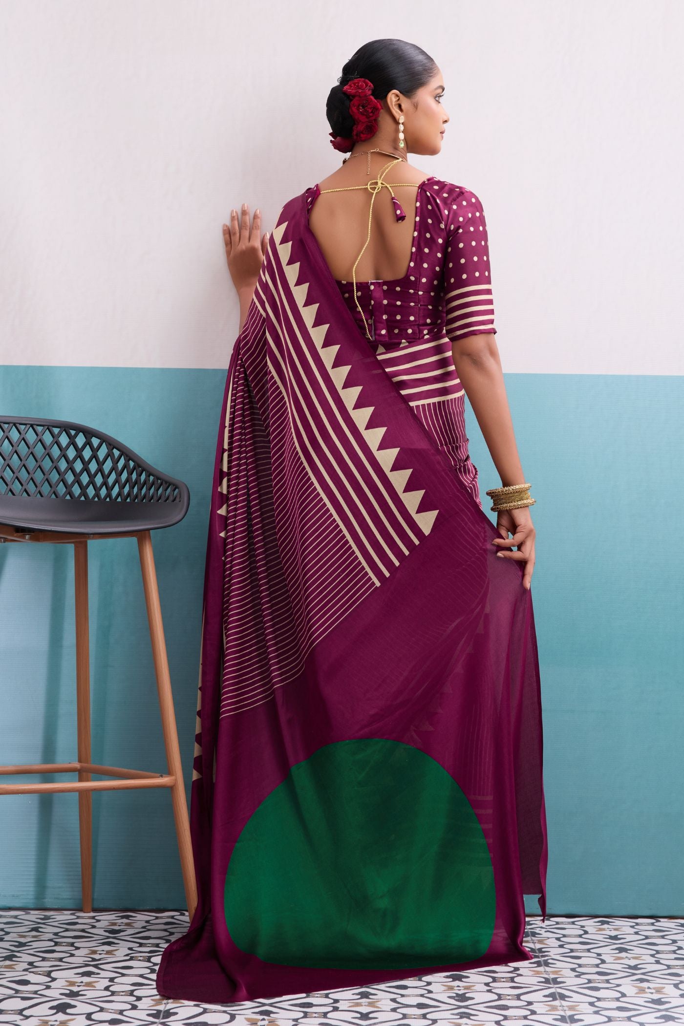 Buy MySilkLove Mulberry Purple Stripe Ajrakh Printed Satin Crepe Silk Saree Online
