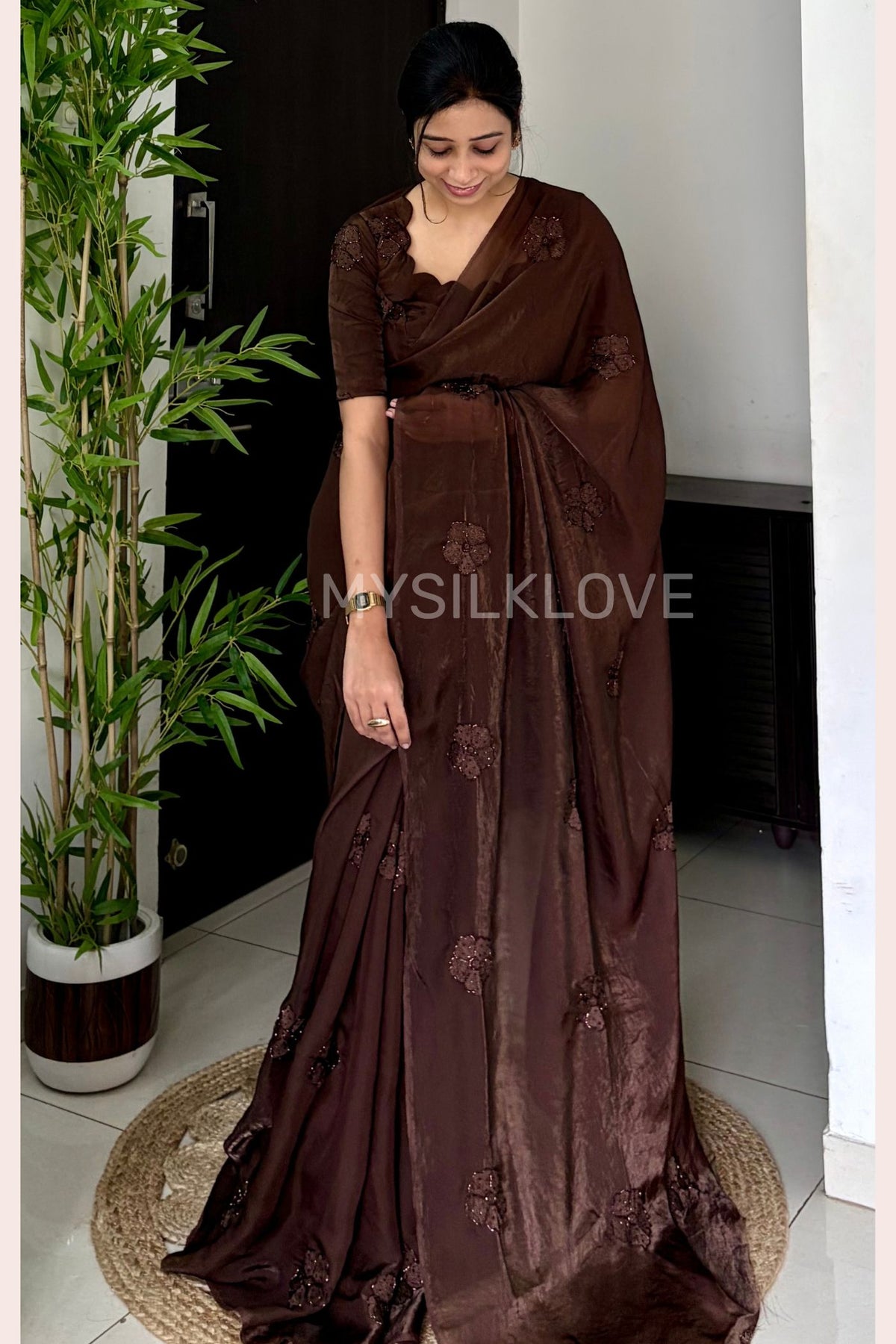 Buy MySilkLove Mahogany Brown Designer Sequin Embroidery Work Saree Online
