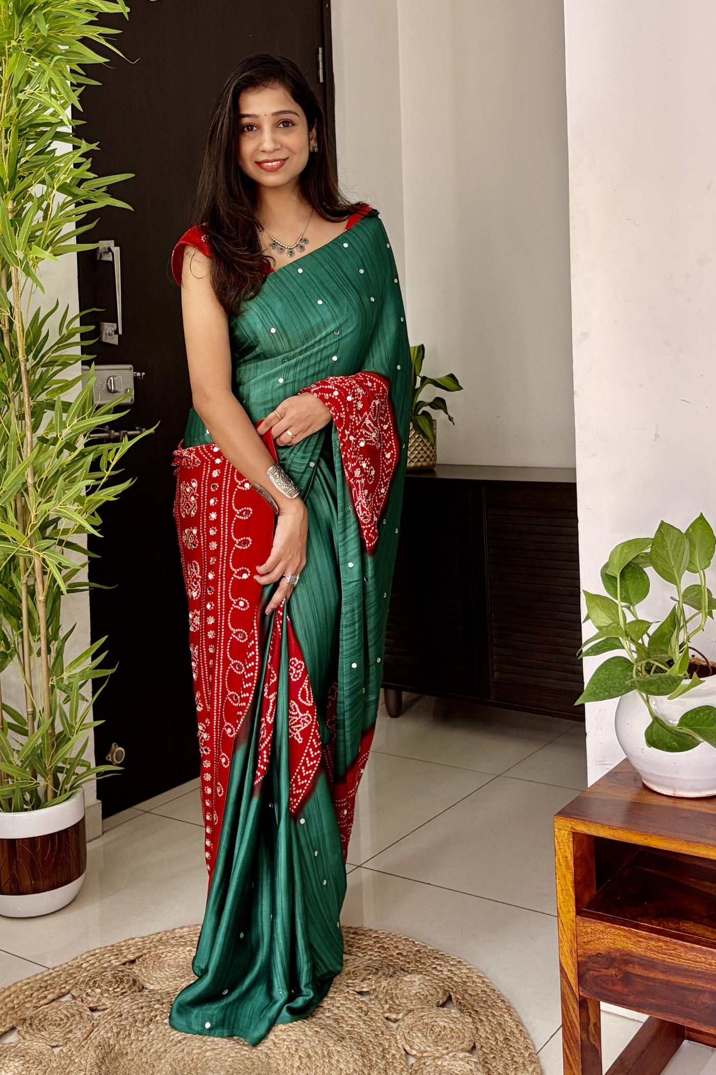 Buy MySilkLove Myrtle Green and Red Gaji Bandej Satin Soft Silk Saree Online