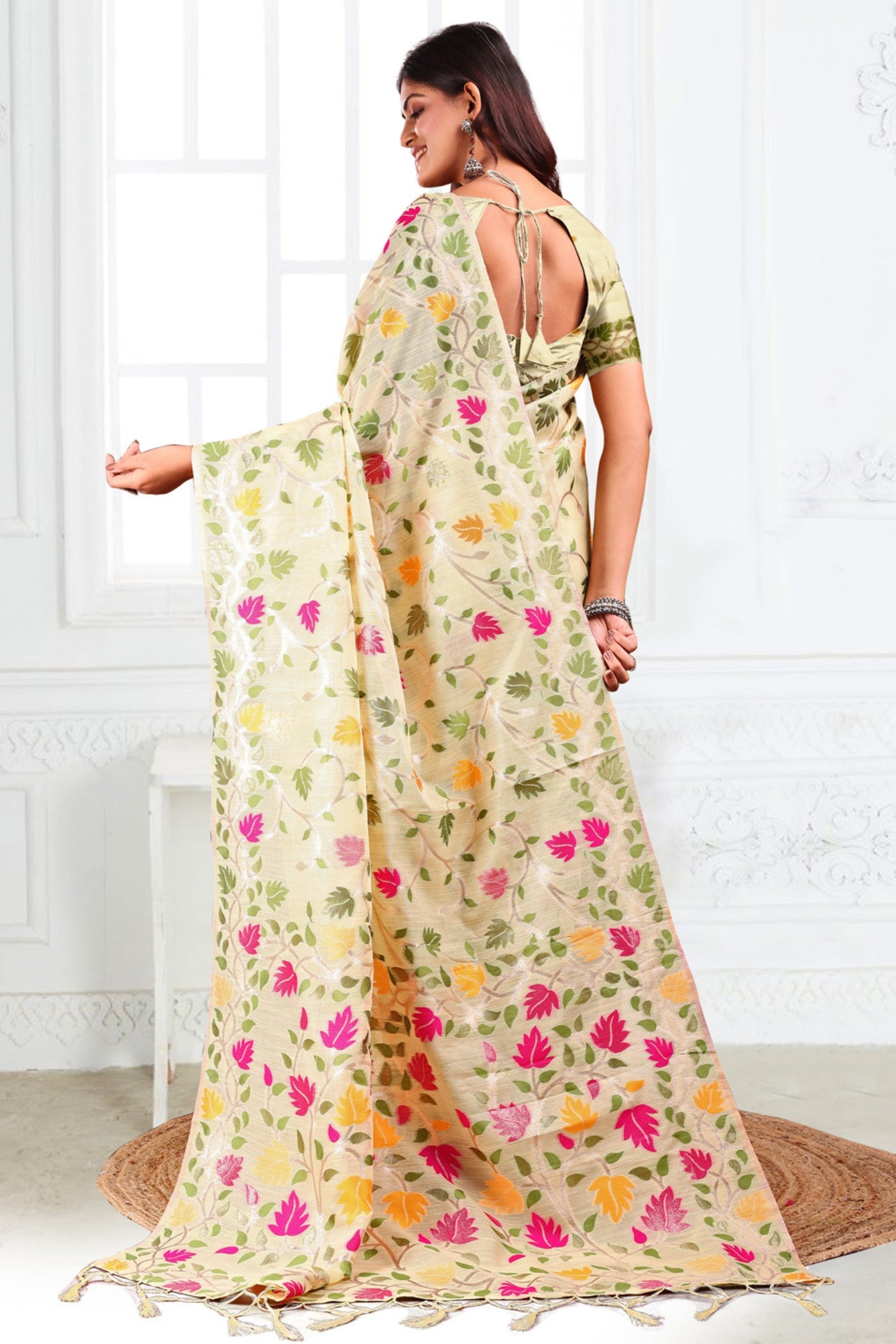 Buy MySilkLove Off White Woven Linen Cotton Saree Online