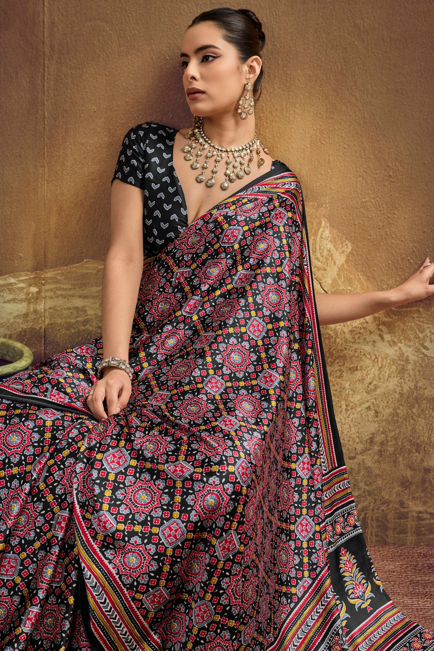 Buy MySilkLove Mysterious Black Modal Ajrakh Satin Printed Silk Saree Online