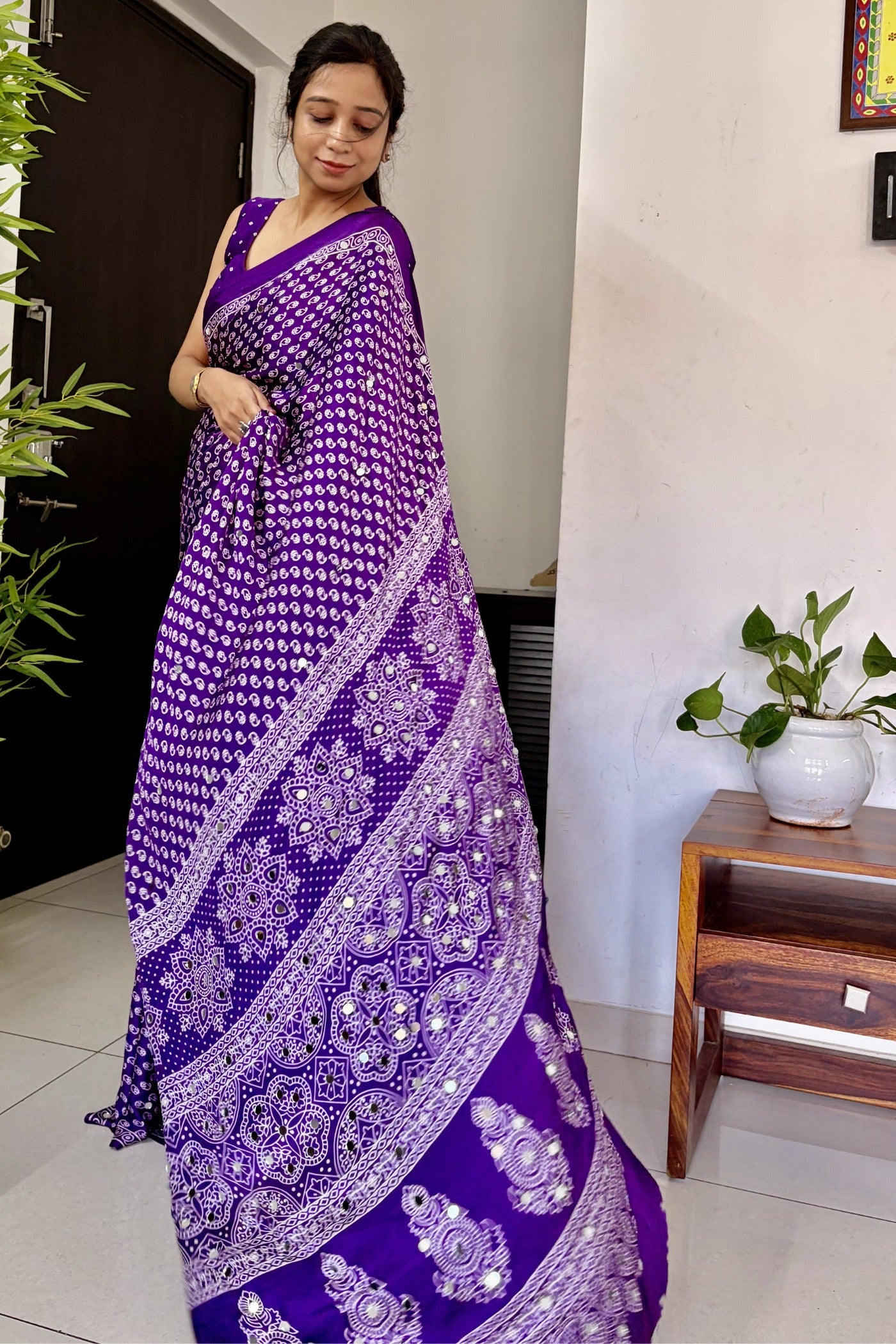 Buy MySilkLove True Purple Modal Ajrakh Satin Printed Mirror Work Saree Online