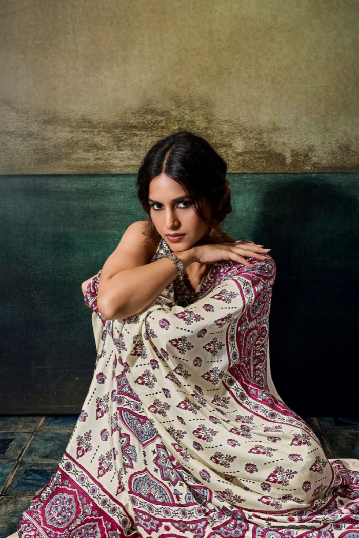 Buy MySilkLove Windsor Cream Modal Ajrakh Satin Printed Silk Saree Online