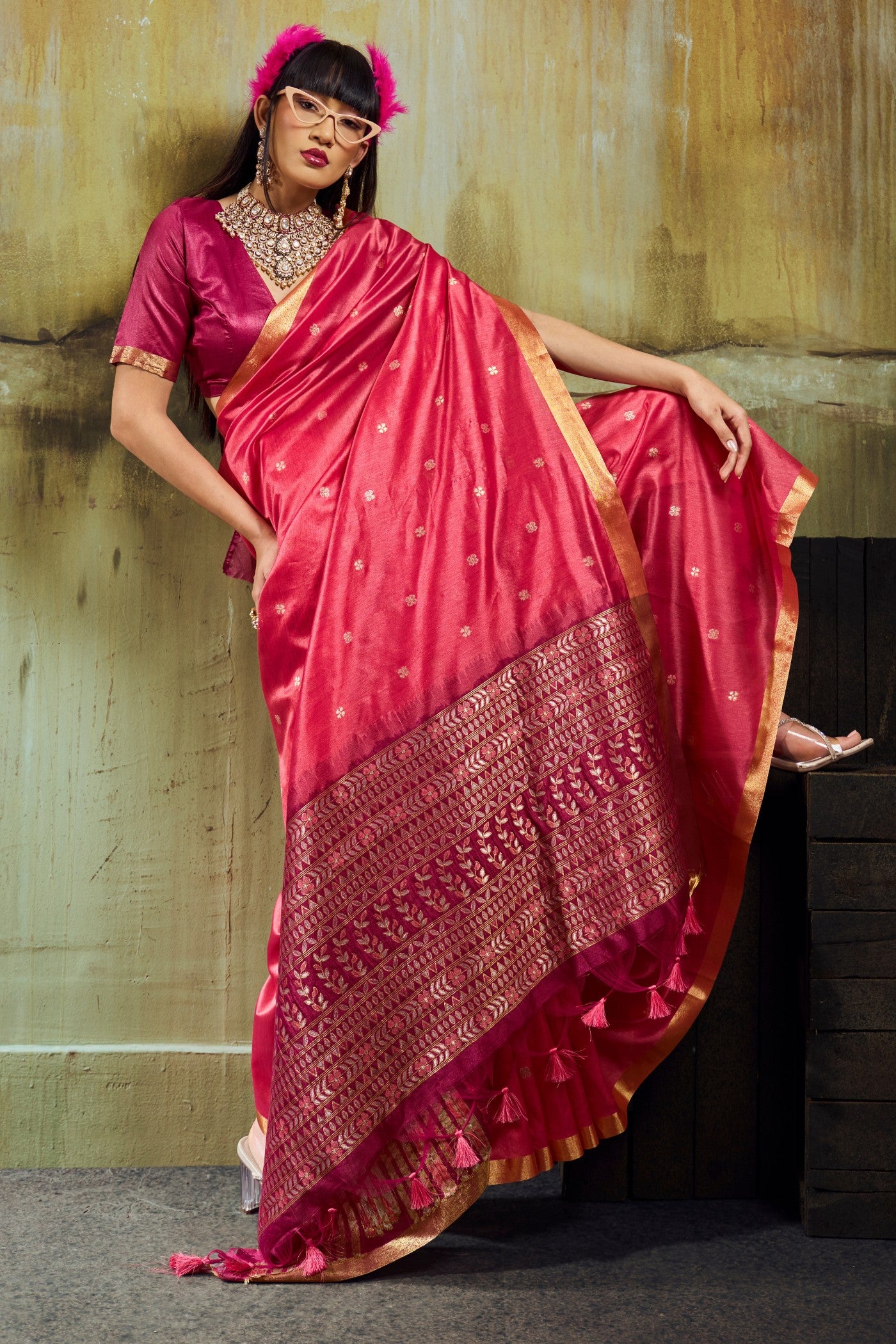 Buy MySilkLove Fuchsia Pink Tussar Handloom Silk Saree Online