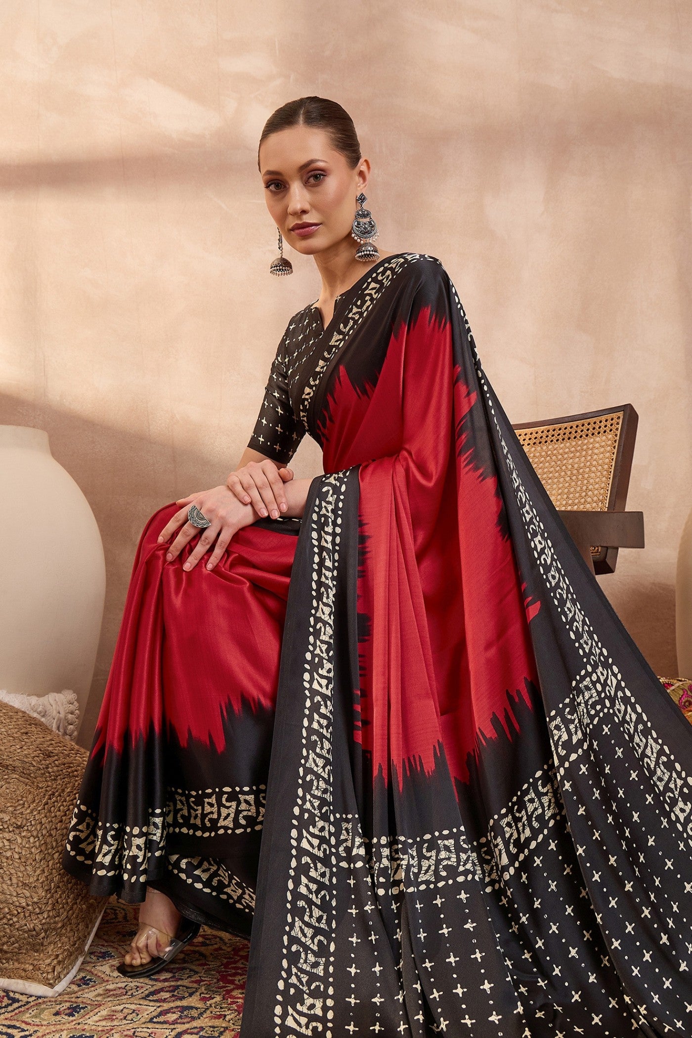 Buy MySilkLove Chili Red Printed Satin Crepe Silk Saree Online