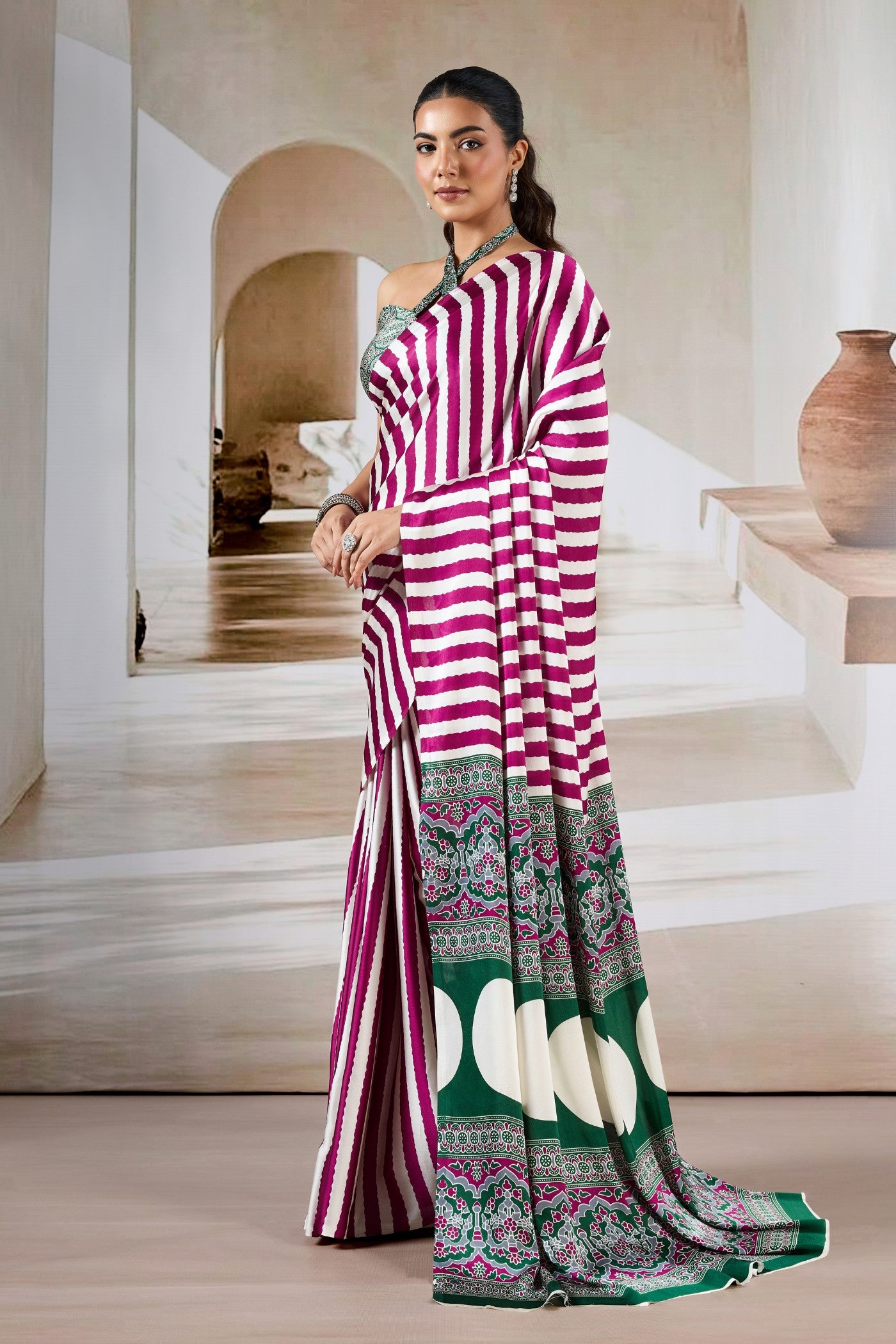 Buy MySilkLove Winter Pink Stripe Ajrakh Printed Satin Crepe Silk Saree Online
