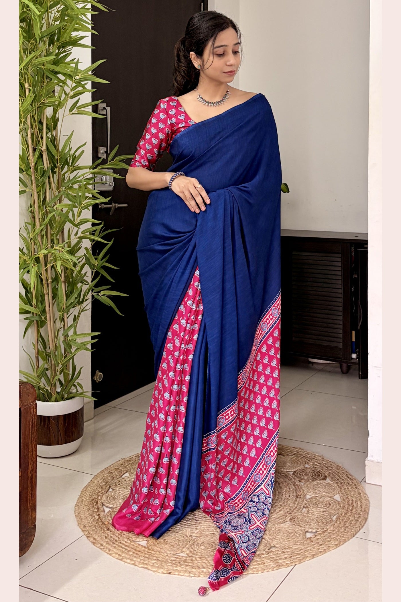 Buy MySilkLove Starlit Blue and Pink Ajrakh Printed Satin Crepe Silk Saree Online