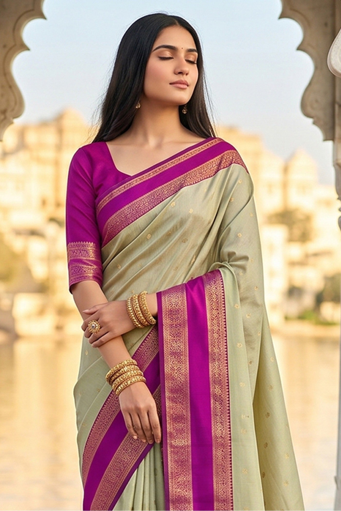 Buy MySilkLove Olive Green and Purple Woven Banarasi Saree Online