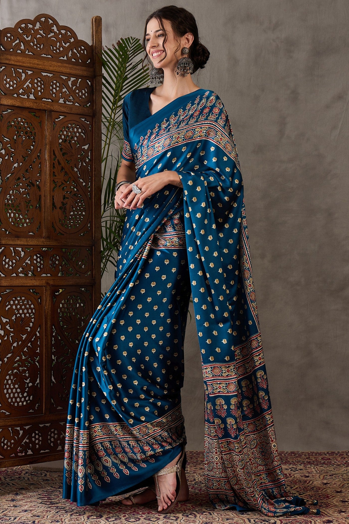 Buy MySilkLove James Blue Printed Satin Gaji Silk Saree Online