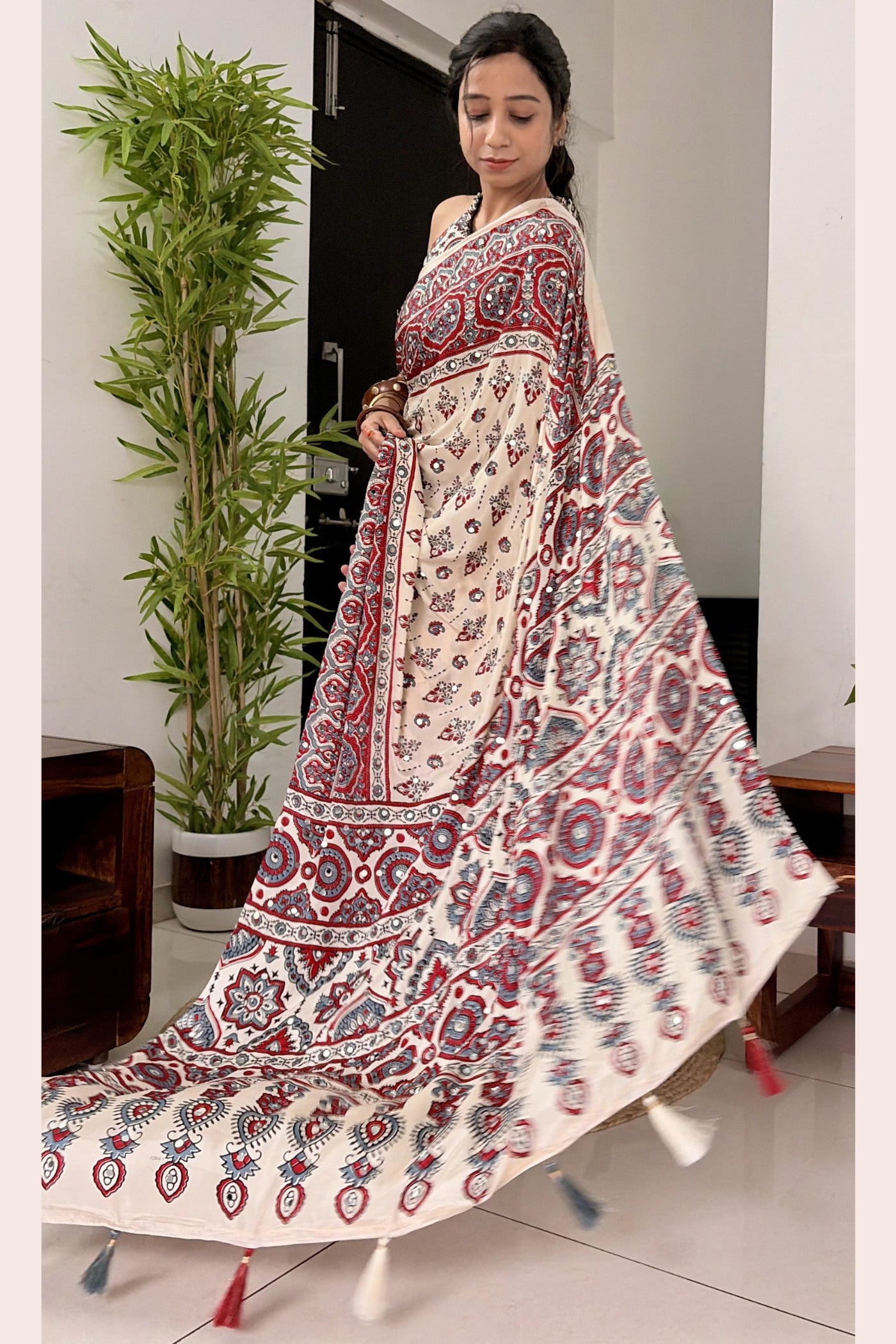 Buy MySilkLove Neutral Beige Modal Ajrakh Satin Printed Mirror Work Saree Online