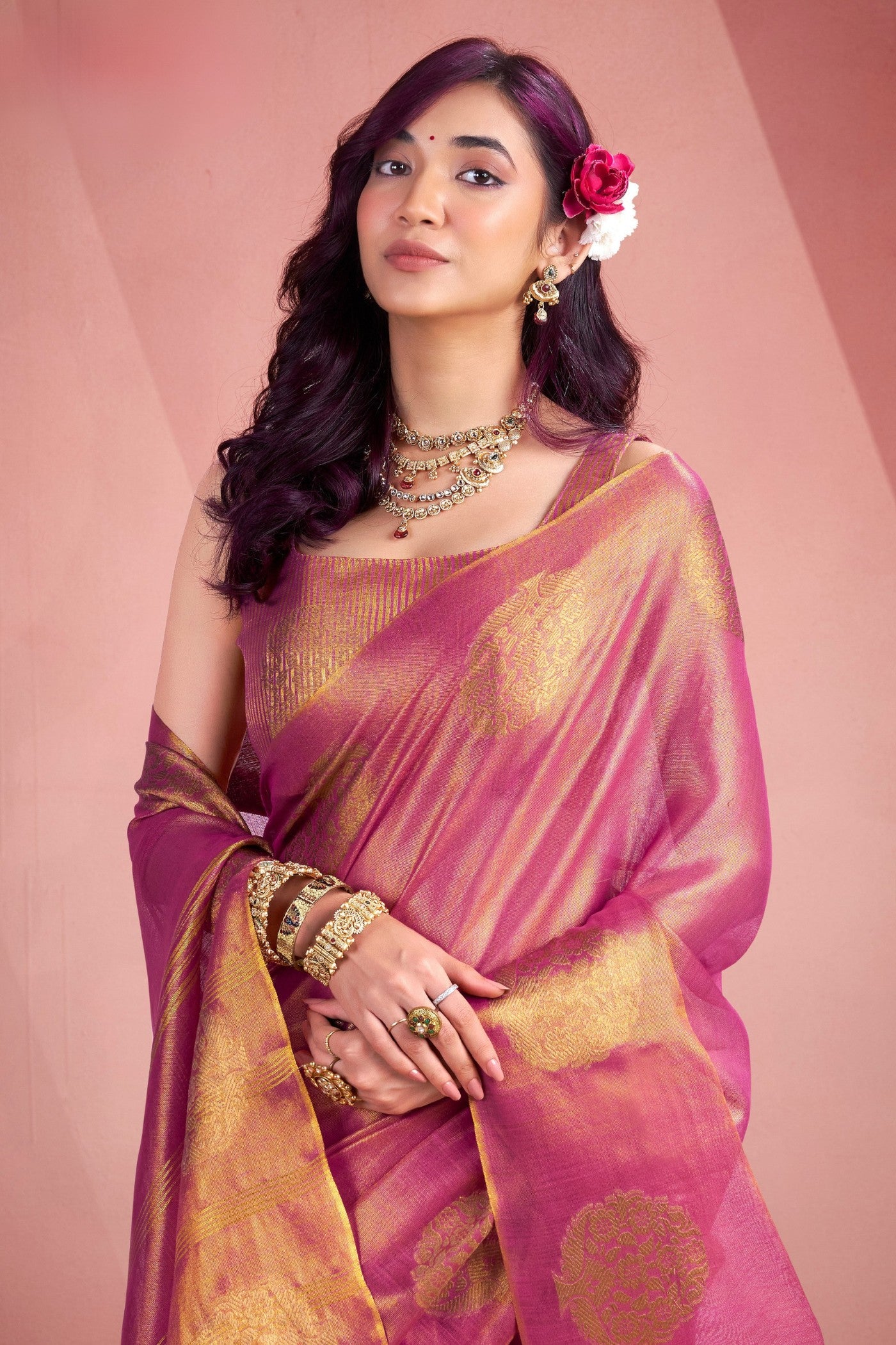 Buy MySilkLove Bubble Pink Zari Woven Tissue Saree Online