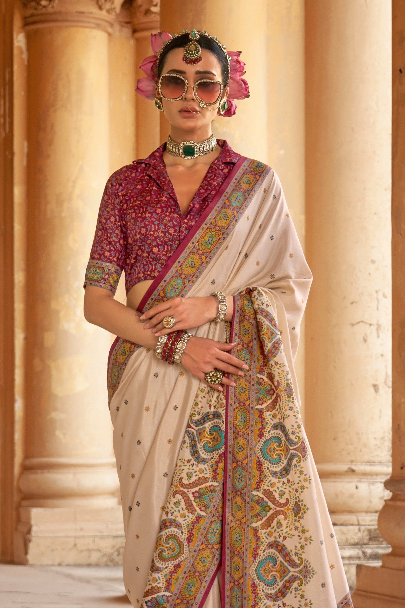 Buy MySilkLove Champagne Cream Printed Banarasi Saree Online