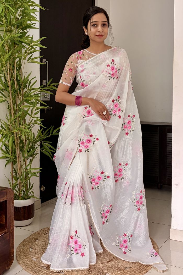 Buy MySilkLove Crystal White Floral Hand Embroidered Crush Tissue Saree Online