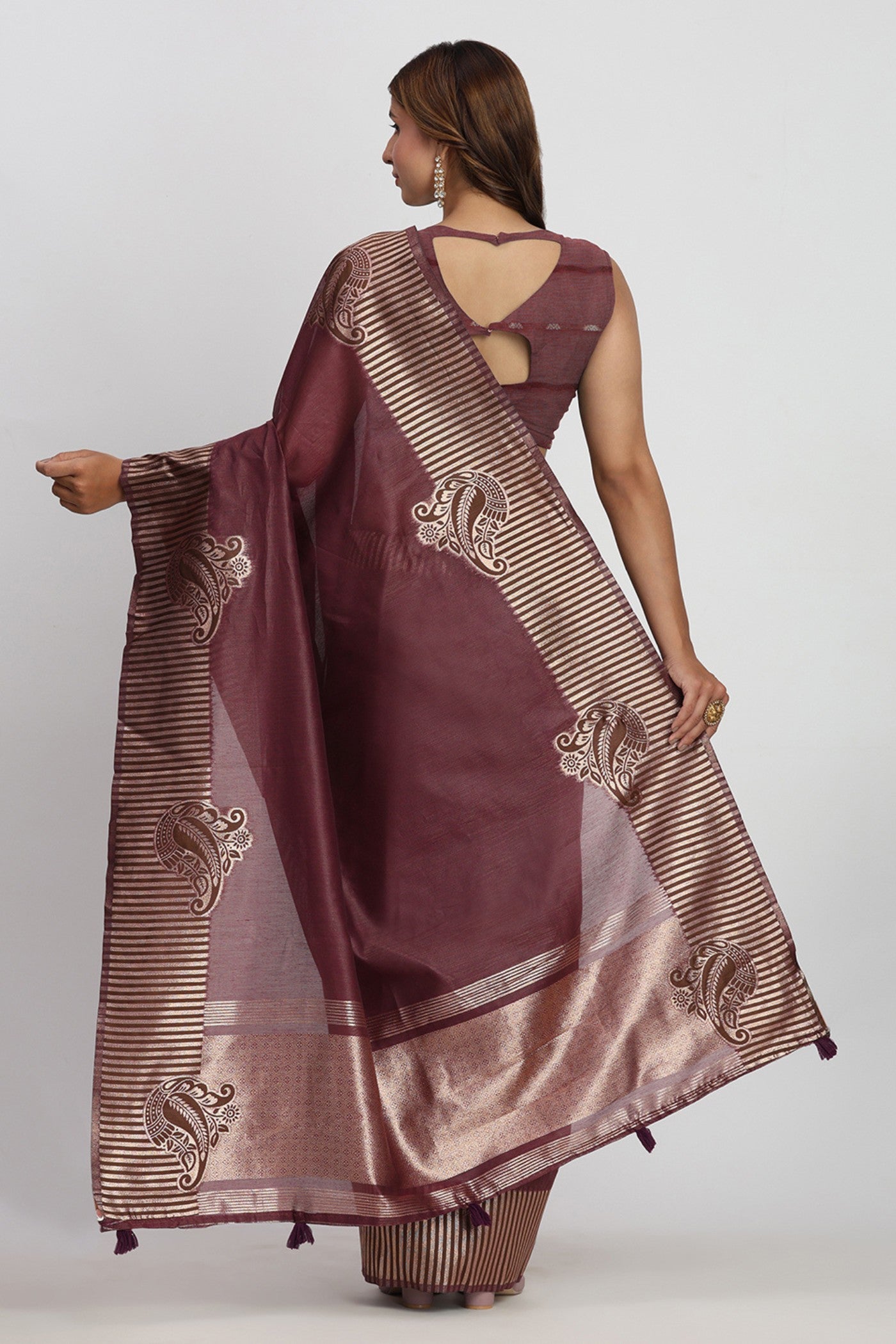 Buy MySilkLove Pecan Brown Woven Linen Cotton Saree Online