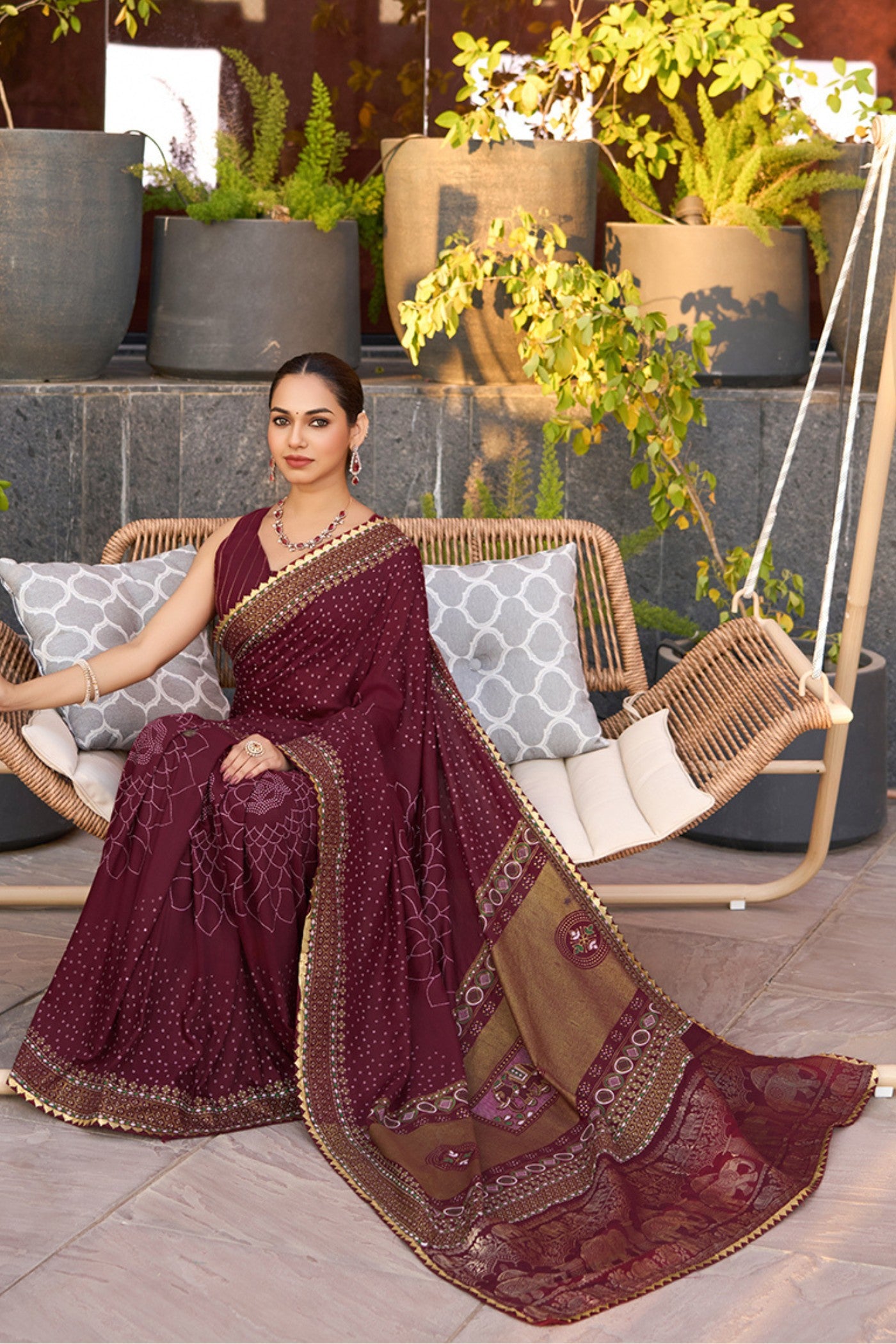 Buy MySilkLove Cearmine Maroon Printed Cotton Saree Online