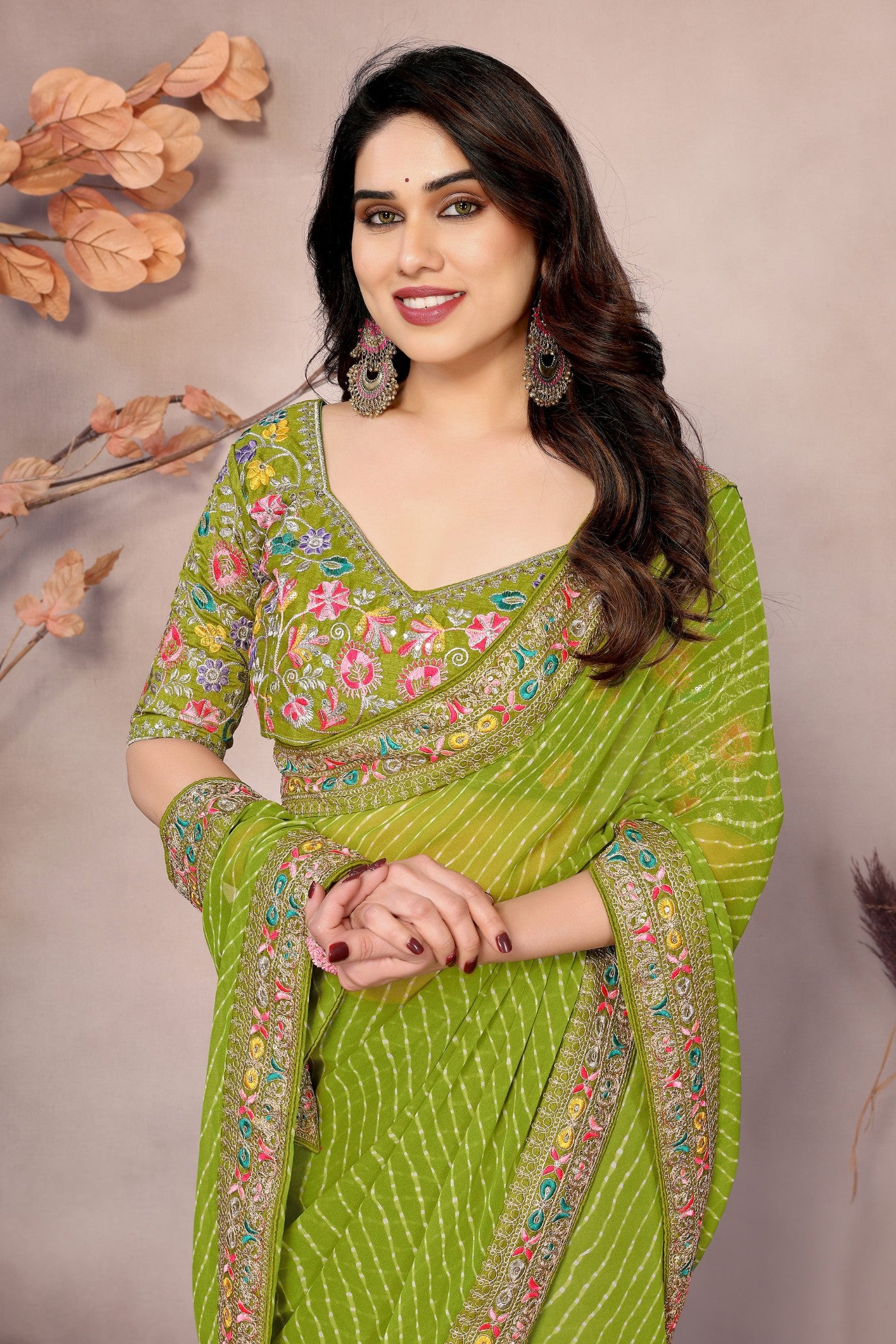 Buy MySilkLove Olive Green Georgette Designer Partywear Saree Online