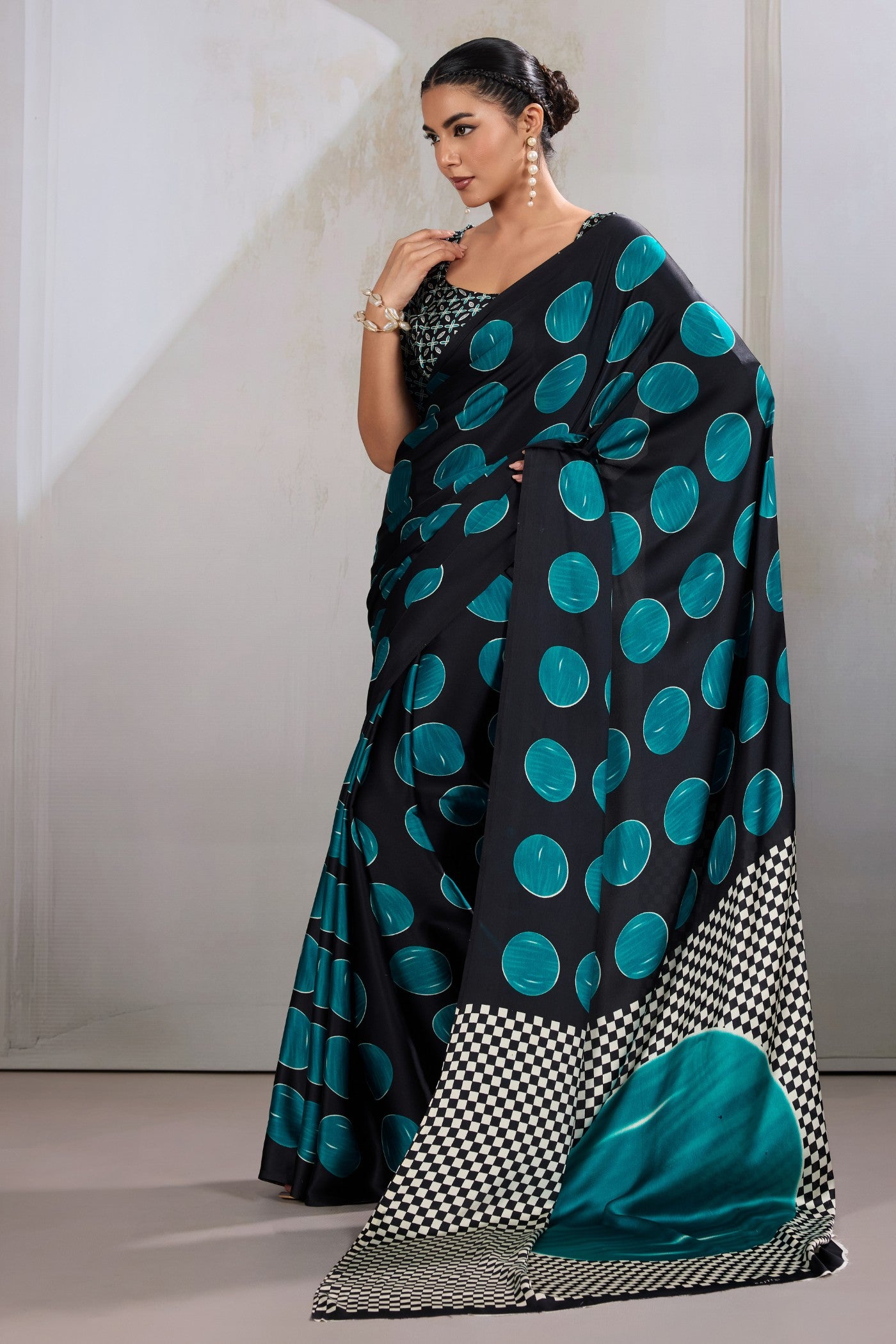 Buy MySilkLove Havelock Blue Printed Polka Dots Satin Crepe Saree Online