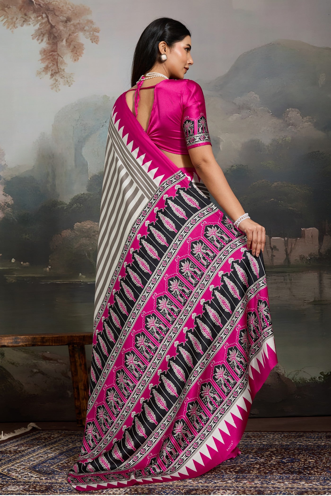 Buy MySilkLove Aster White and Pink Ajrakh Printed Satin Crepe Silk Saree Online