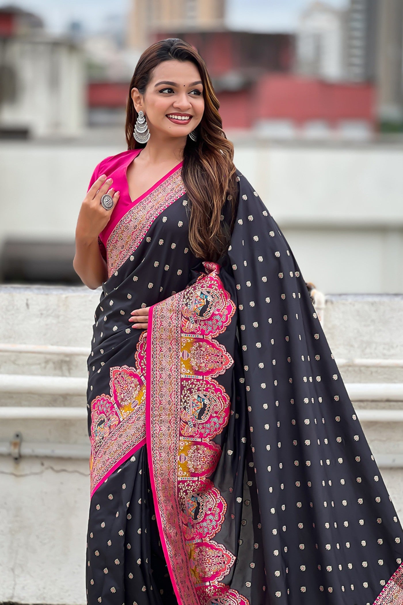 Buy MySilkLove Pitch Black Woven Banarasi Saree Online