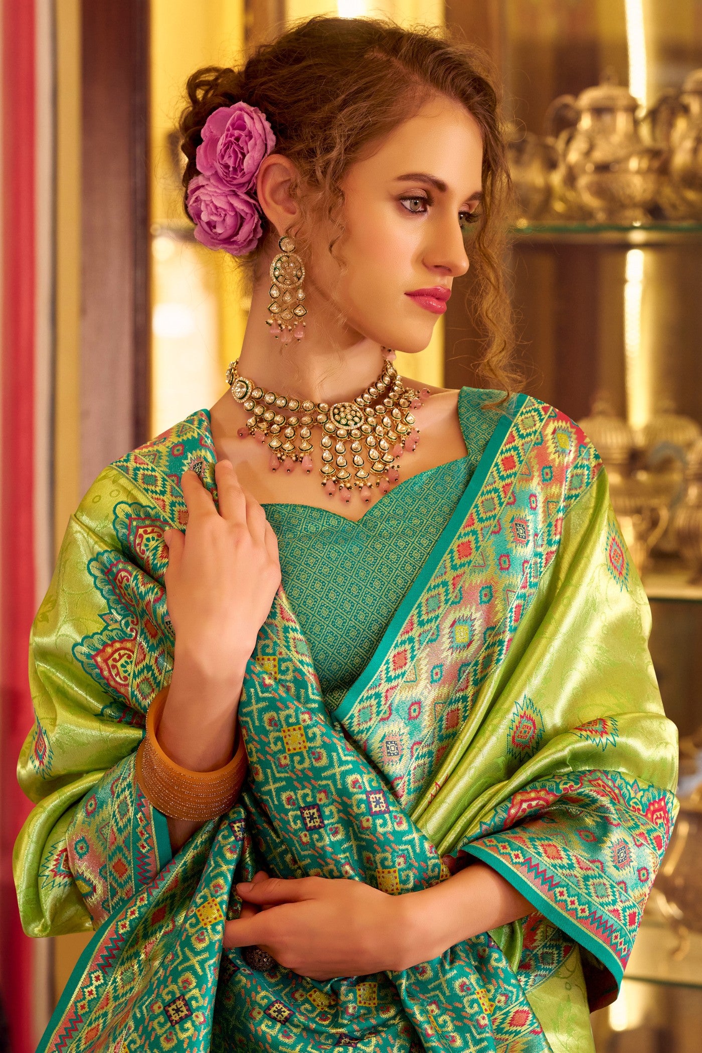 Buy MySilkLove Celedon Green Woven Tissue Patola Silk Saree Online