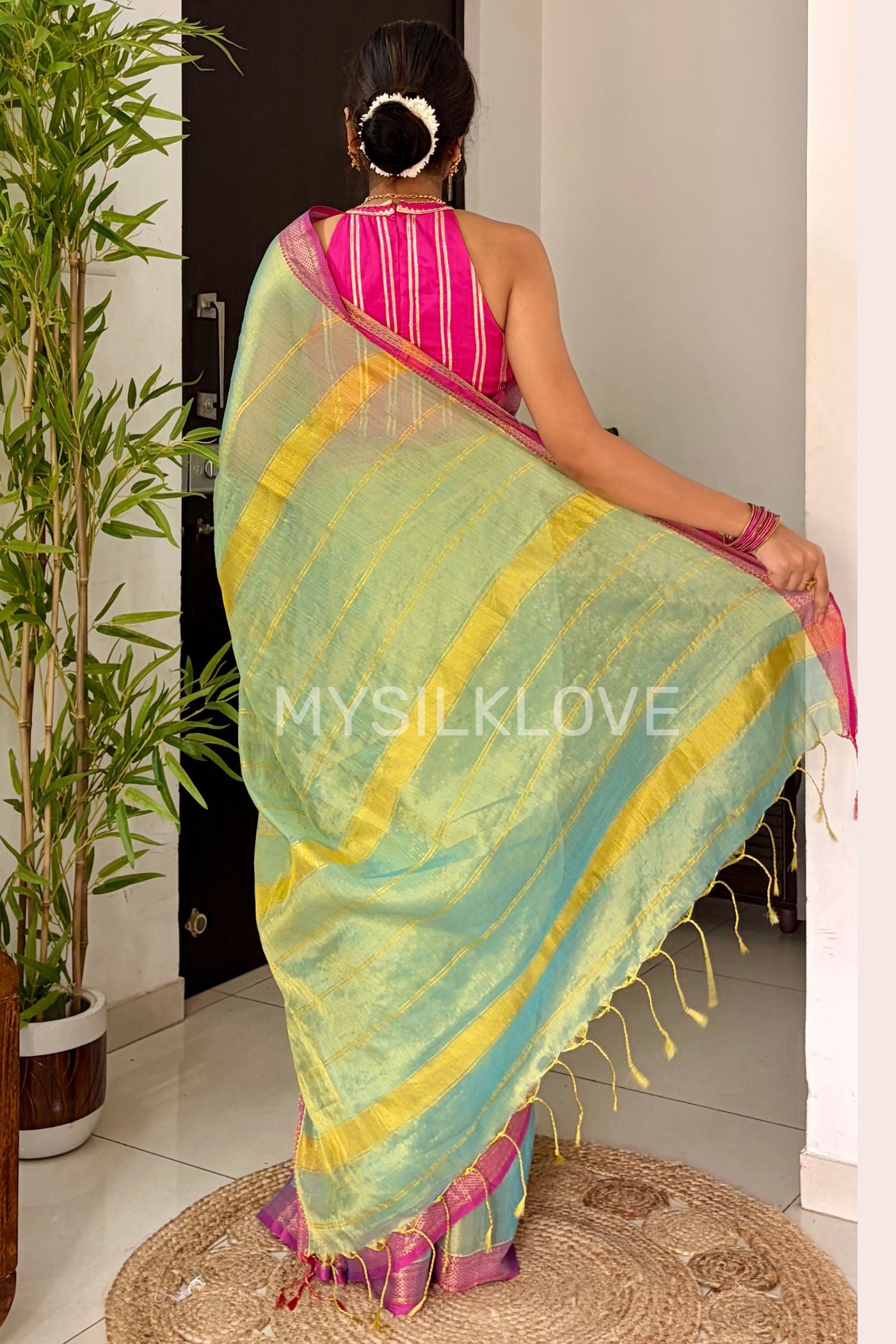Buy MySilkLove Moss Green Tissue Woven Silk Saree Online