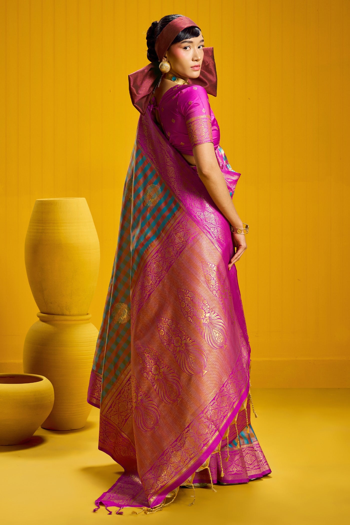 Buy MySilkLove Dusty Blue Banarasi Two Tone Checks Handloom Saree Online