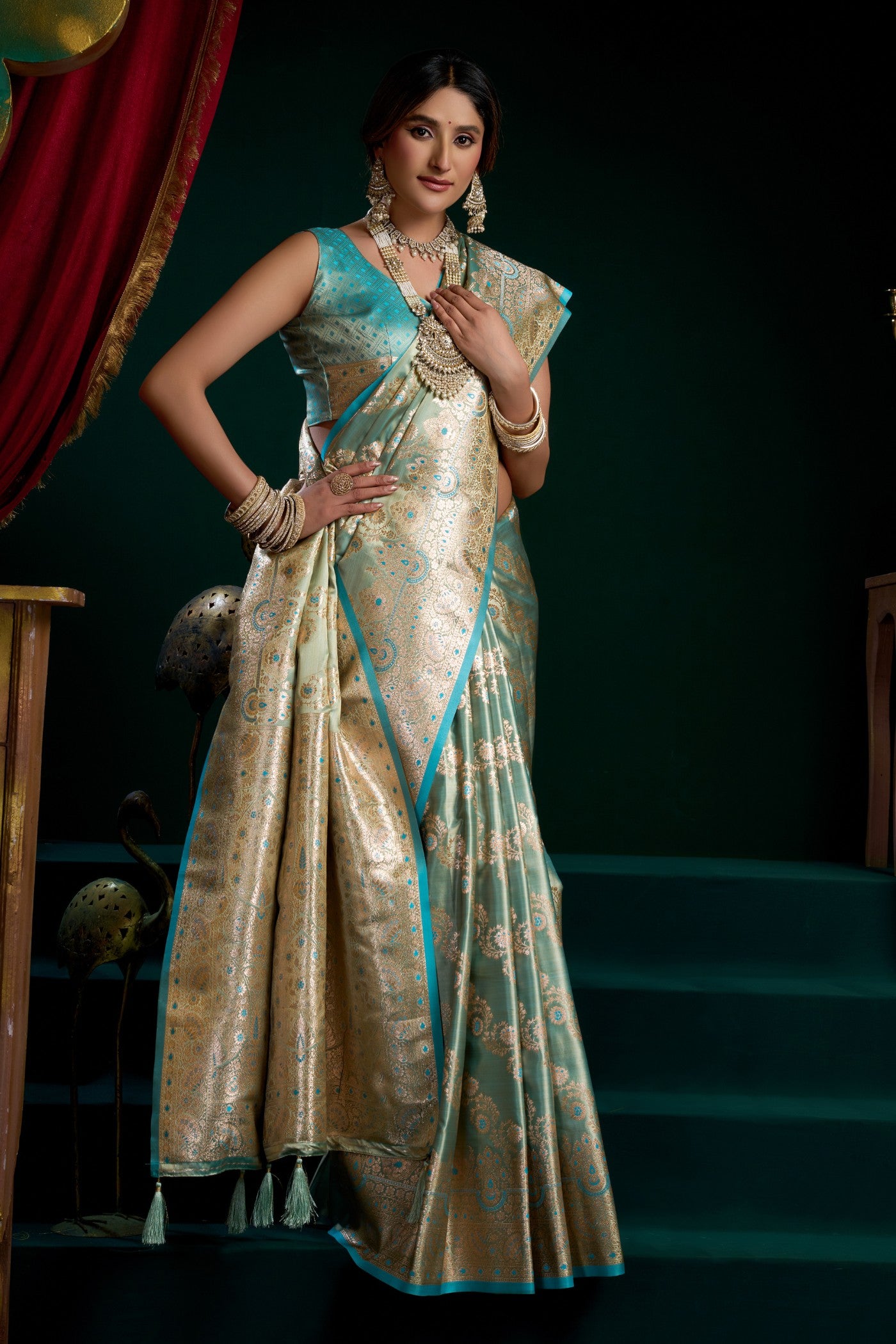 Buy MySilkLove Tiffany Blue Banarasi Handloom Satin Soft Silk Sare Online