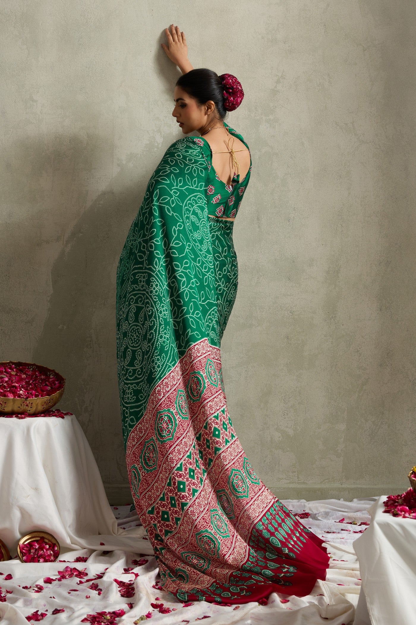 Buy MySilkLove Dark Leaf Green Bandhani Printed Silk Saree Online