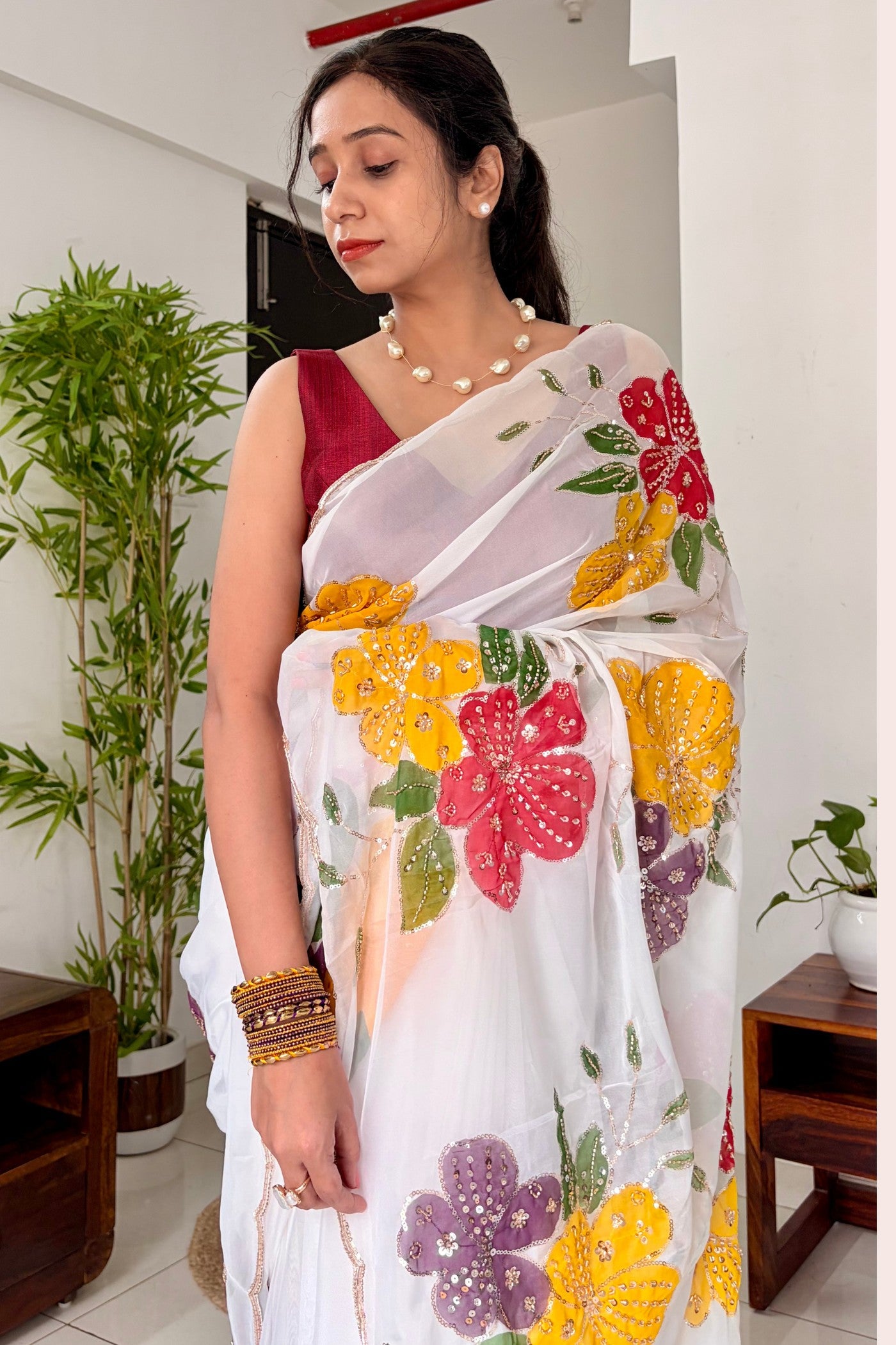 Buy MySilkLove Diamond White Floral Embroidered Georgette Saree Online