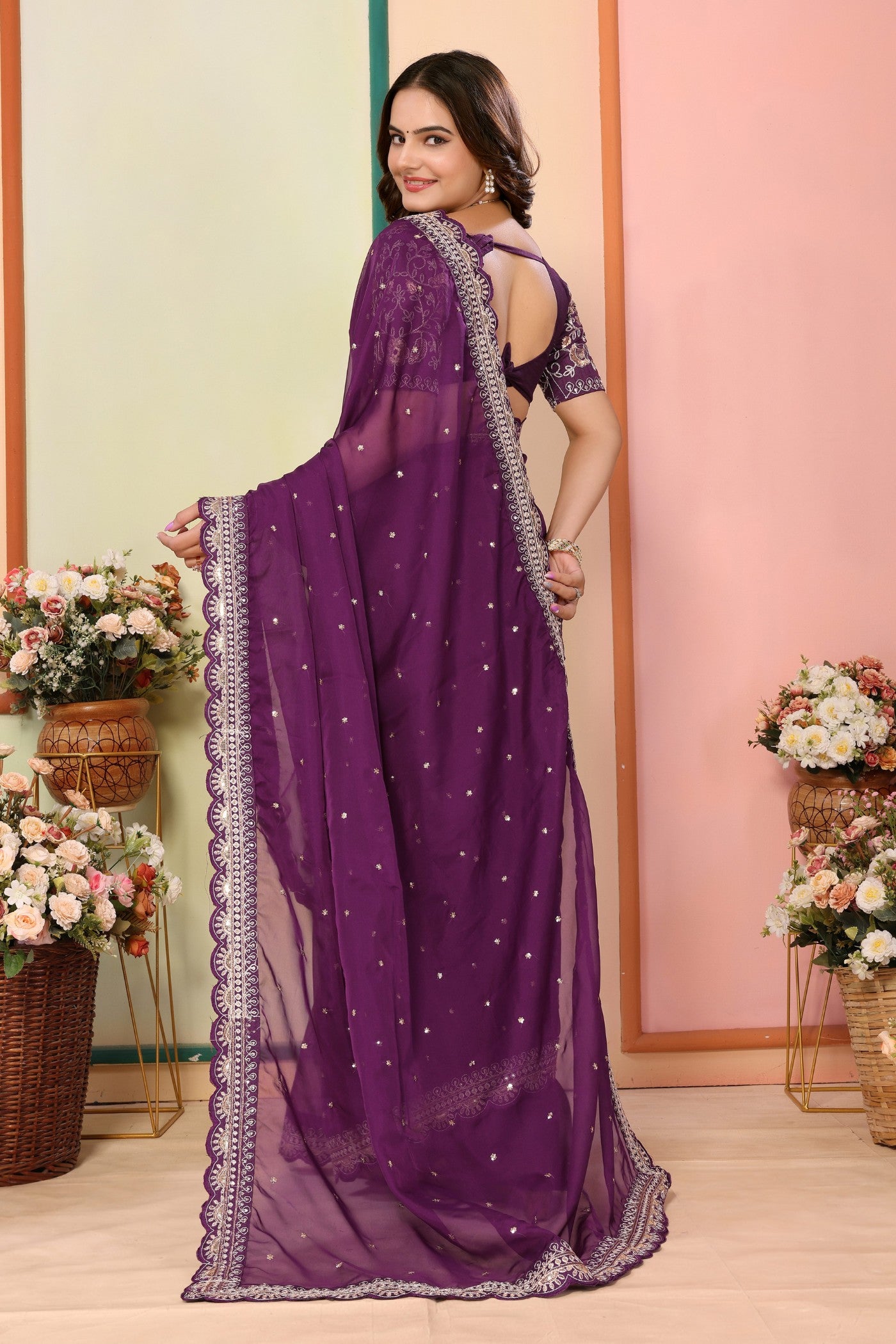 Buy MySilkLove Tyrian Purple Organza Designer Partywear Saree Online