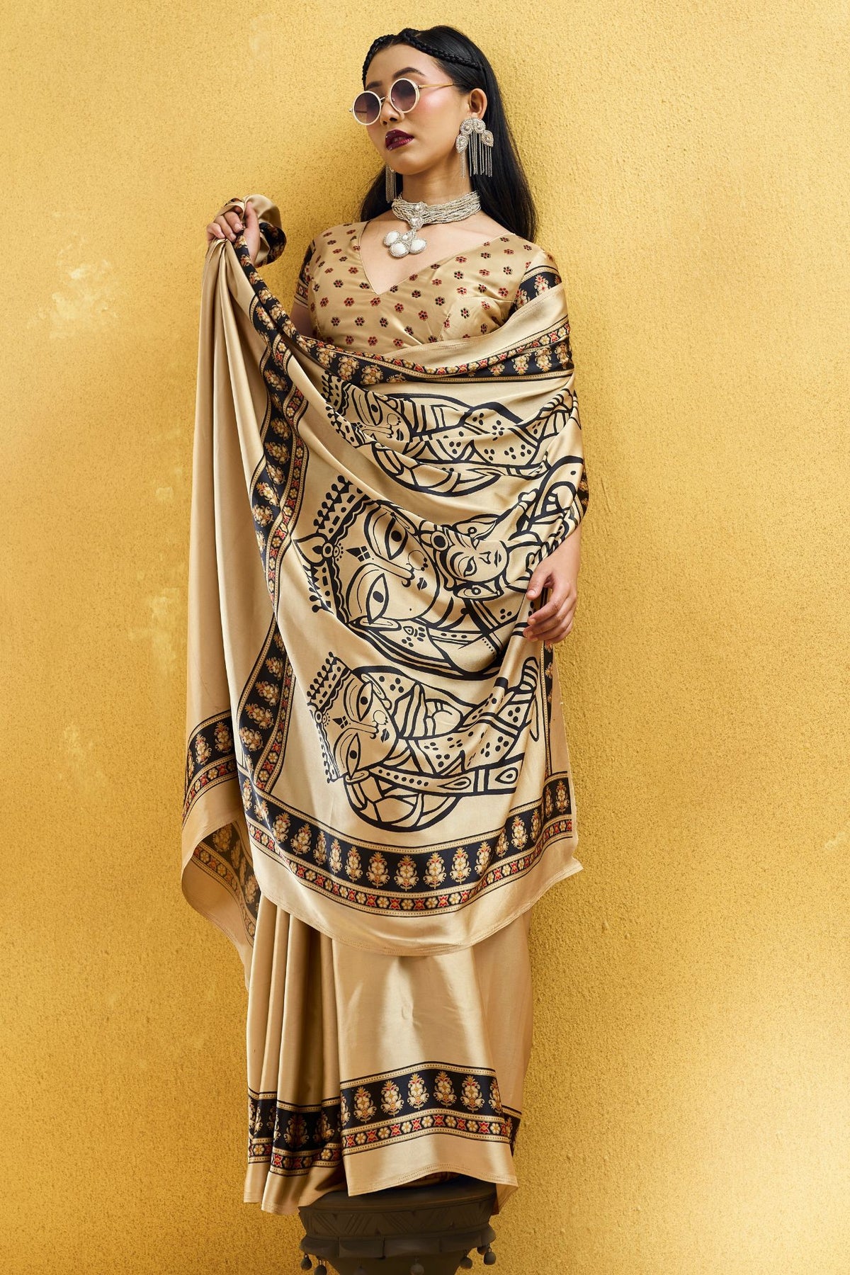 Buy MySilkLove Champagne Cream Modal Ajrakh Satin Printed Silk Saree Online